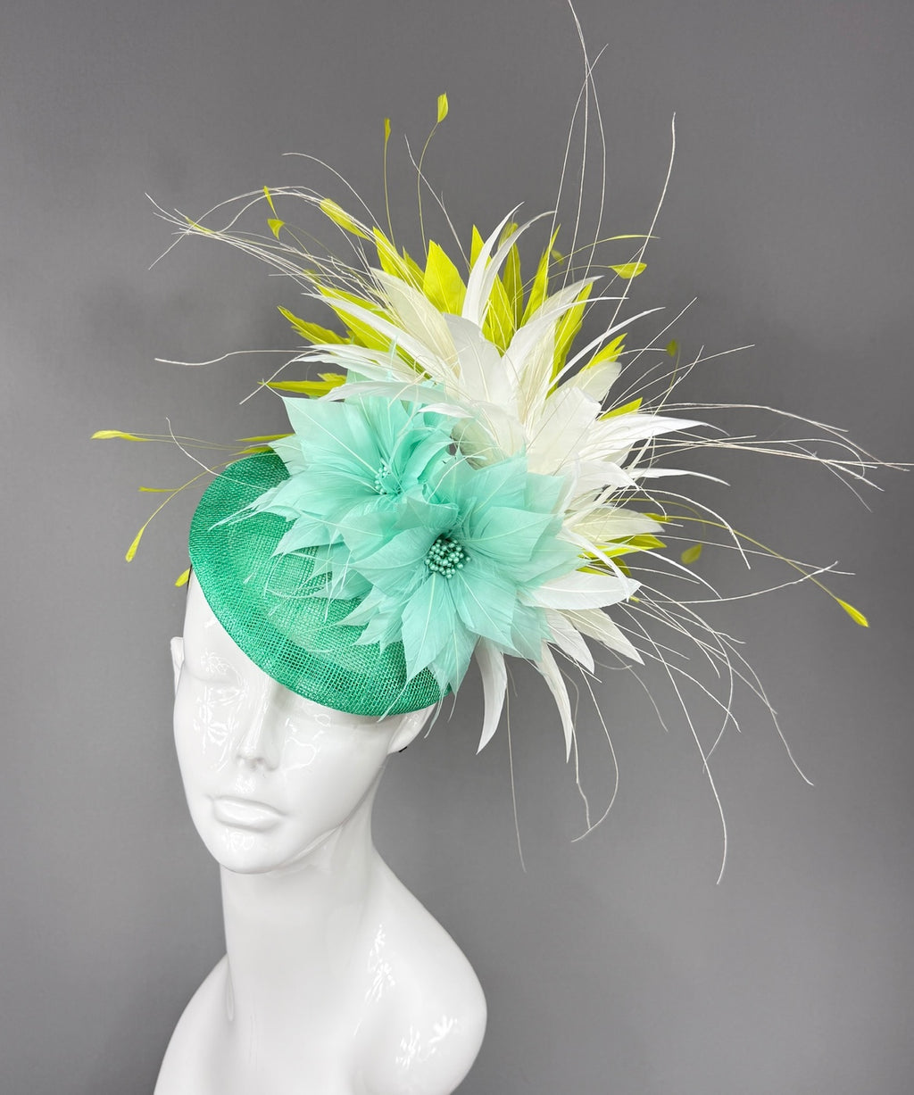 Kentucky Derby Fascinator Hat | Mint green poinsettias, with white and lime green feathers Headpiece | Derbyologie