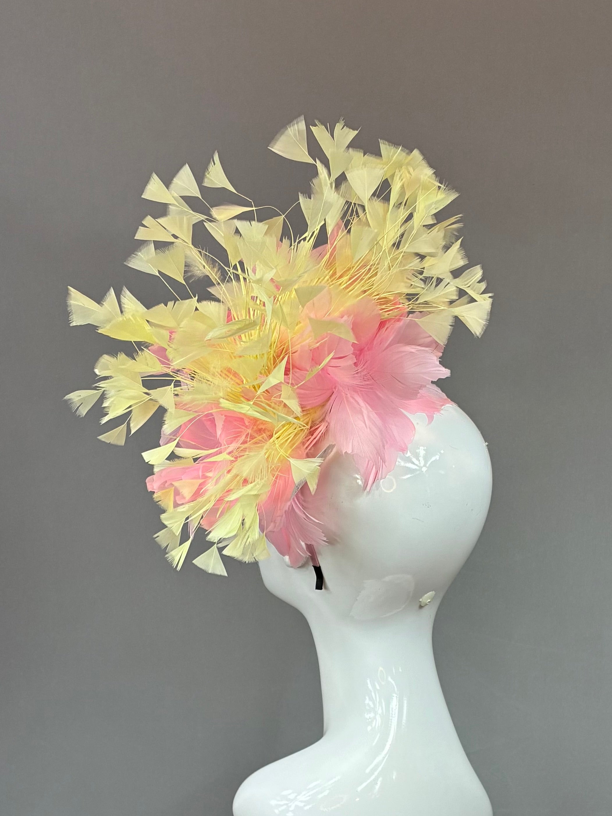 Kentucky Derby Fascinator Hat | Pink and yellow feathered Headband Hat | Derbyologie