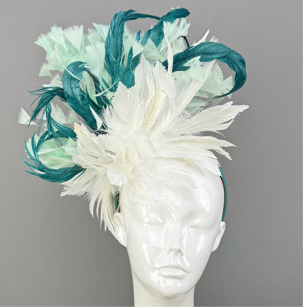 White, Mint and Teal Kentucky Derby fascinator, Derby Hat Alternative (GOLD LINE)