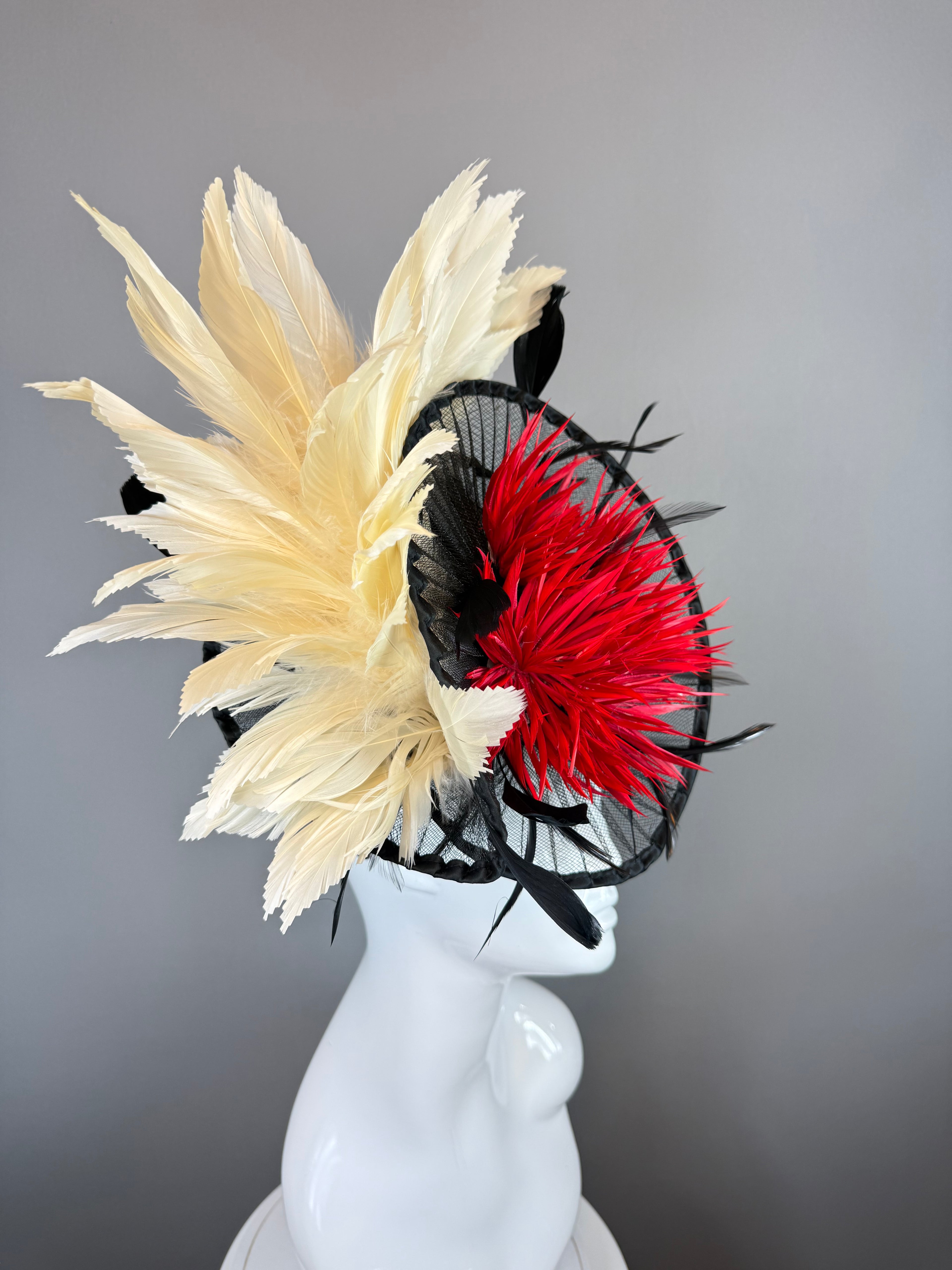 Kentucky Derby Fascinator Hat | Black, red, cream feather Headpiece | Derbyologie