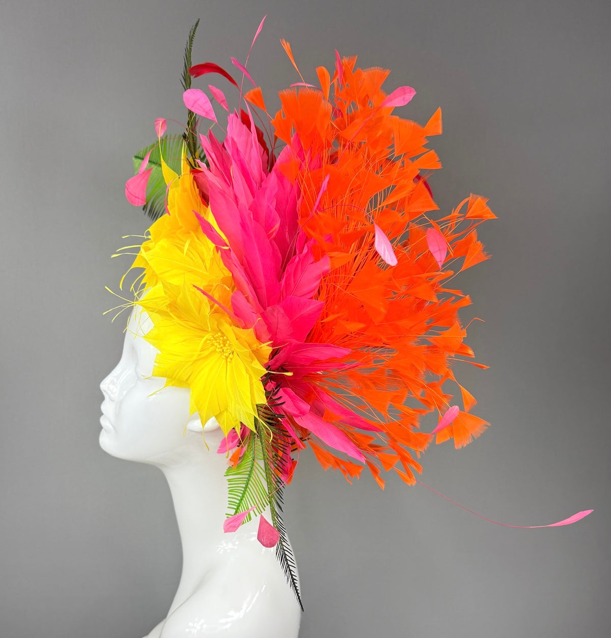 Kentucky Derby Fascinator Hat | Yellow dahlias, pink and orange feathers Headpiece | Derbyologie