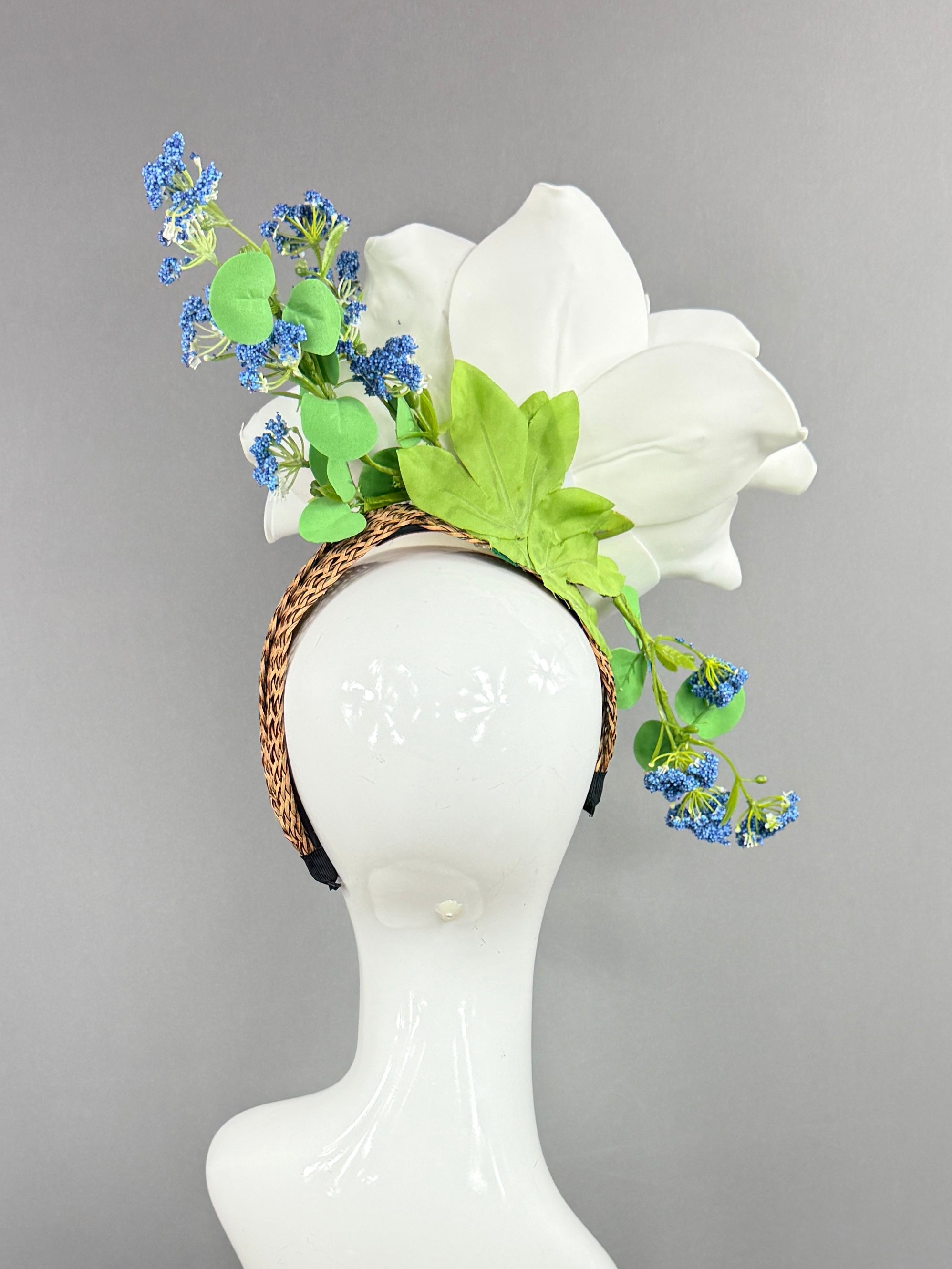 Kentucky Derby Fascinator Hat | White magnolia with blue and green flowers Headpiece | Derbyologie