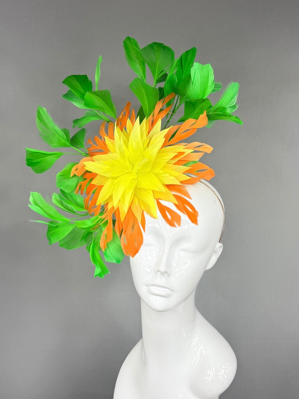 Kentucky Derby Fascinator Hat |  Yellow and Orange feathered dahlia and green feathers Headpiece | Derbyologie