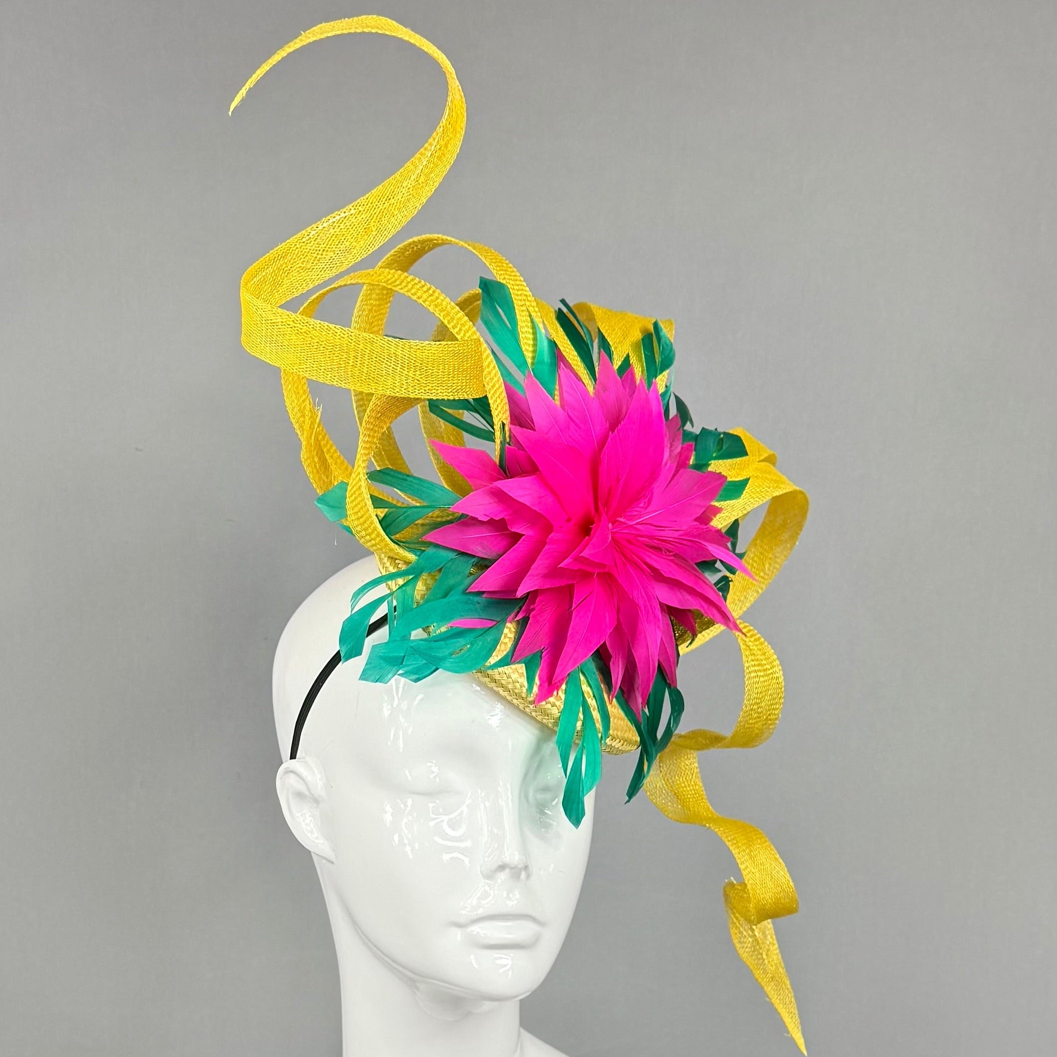 Kentucky Derby Fascinator Hat | Fuchsia, green, and yellow  Headband Hat | Derbyologie