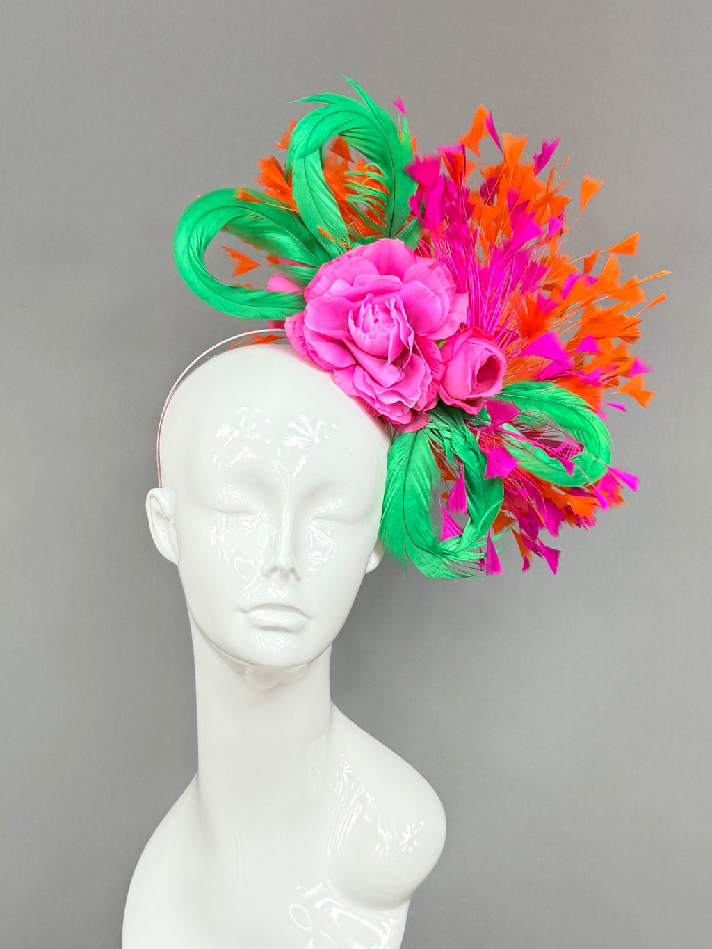 Kentucky Derby Fascinator Hat | Orange, pink, and green feathered Headband Hat | Derbyologie