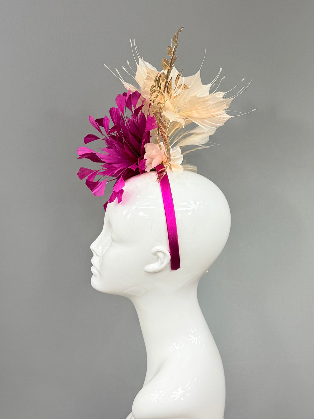 Kentucky Derby Fascinator Hat |Fuchsia, beige, and gold  Headband Hat | Derbyologie