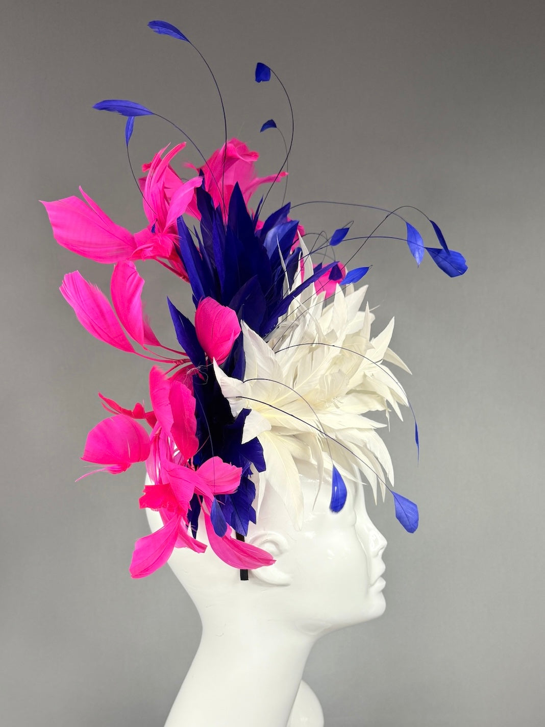 Kentucky Derby Fascinator Hat |  White, navy, and pink feathered  Headpiece | Derbyologie