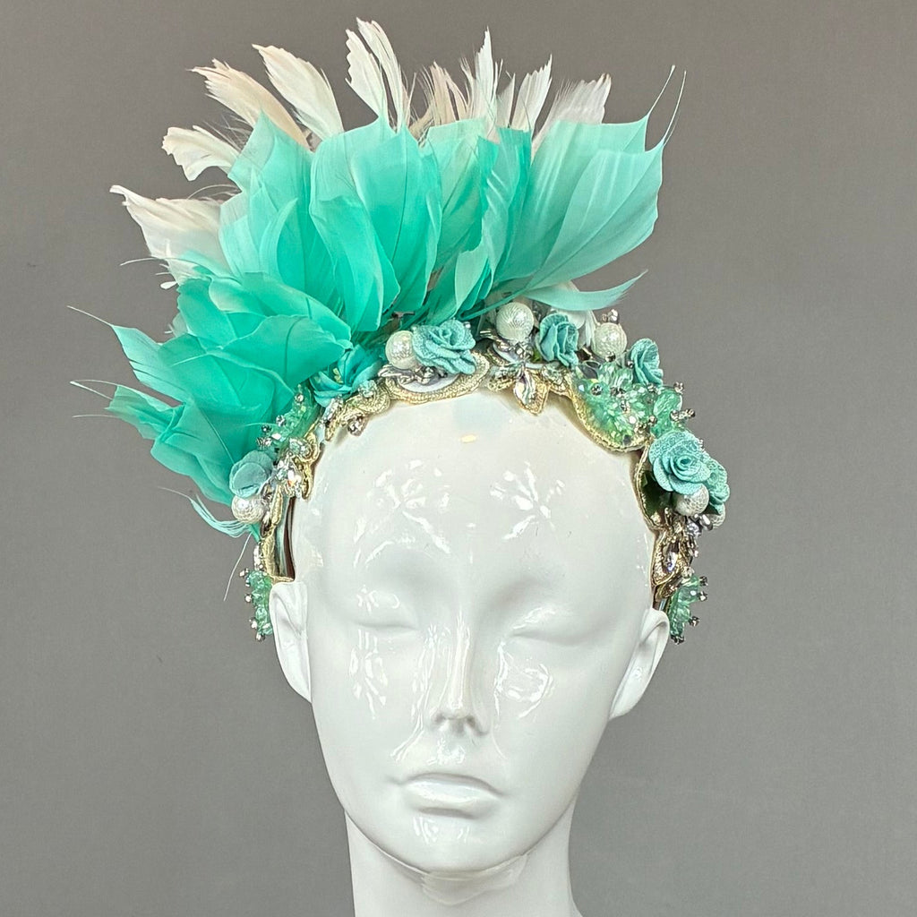 Turquoise and white jeweled Kentucky Derby Fascinator, derby hat (GOLD LINE)