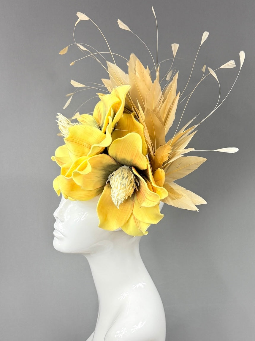 Kentucky Derby Fascinator Hat |oversized yellow magnolias and beige feathers Headpiece | Derbyologie