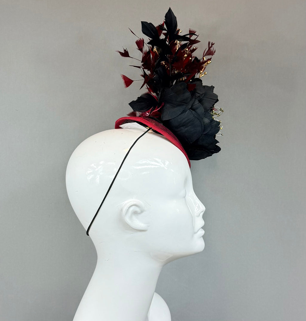 Kentucky Derby Fascinator Hat | Burgundy, Gold and Black Headpiece | Derbyologie