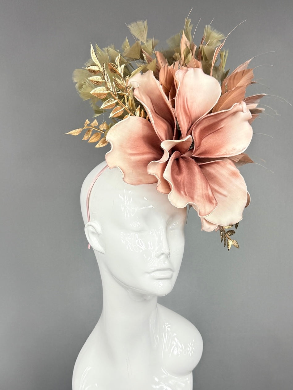 Kentucky Derby Fascinator Hat |  oversized blush magnolia, gold and beige accents Headpiece | Derbyologie