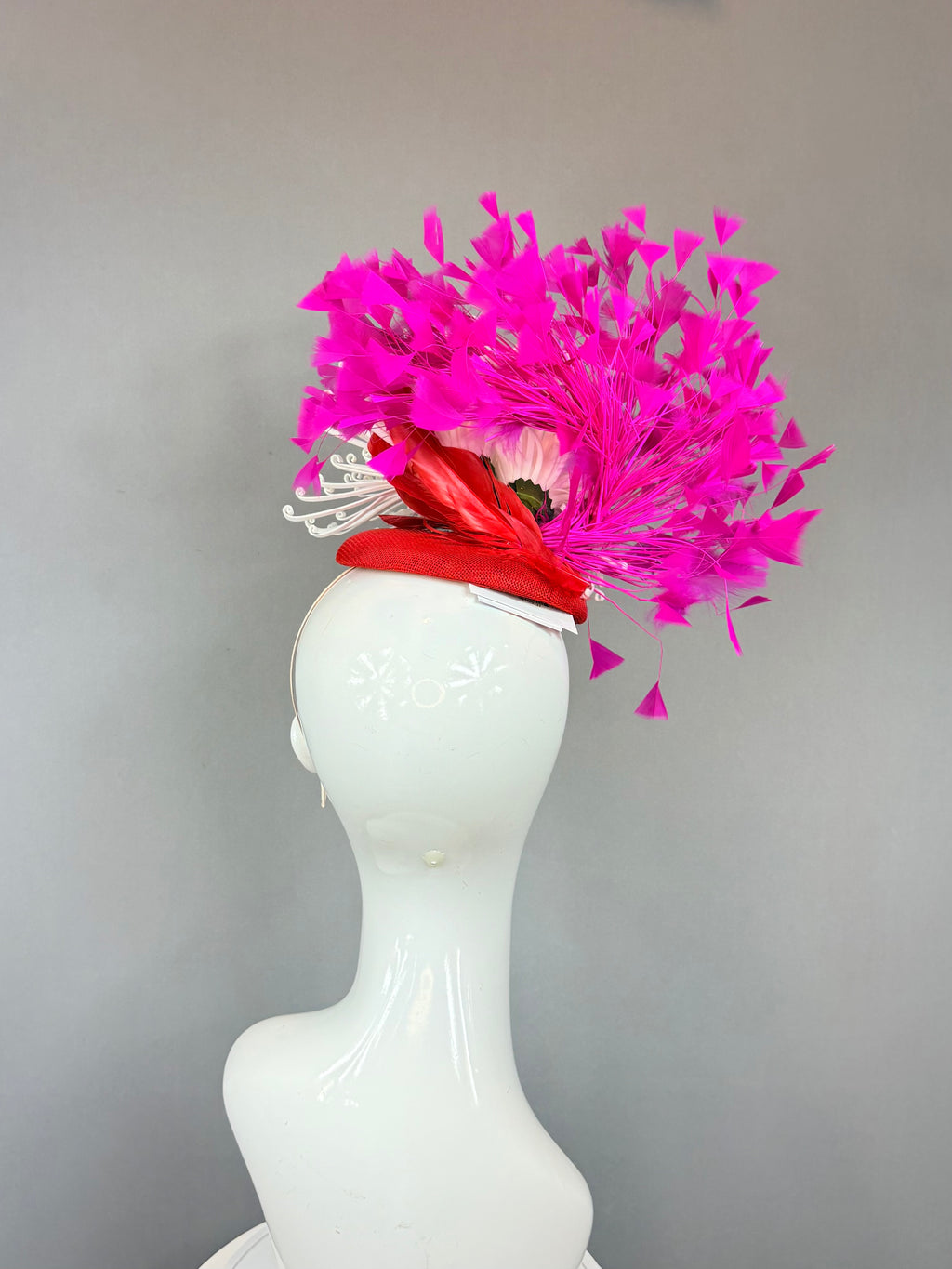 Kentucky Derby Fascinator Hat | Pink, Red & white Feather Headpiece | Derbyologie