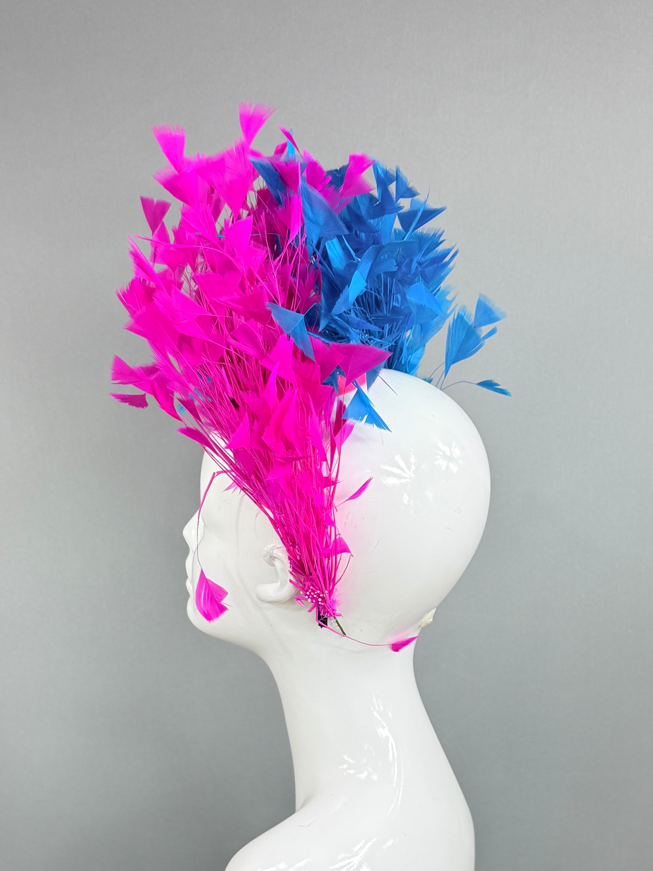 Kentucky Derby Fascinator Hat |Blue and pink feathered Headpiece, created by a 6 year old | Derbyologie