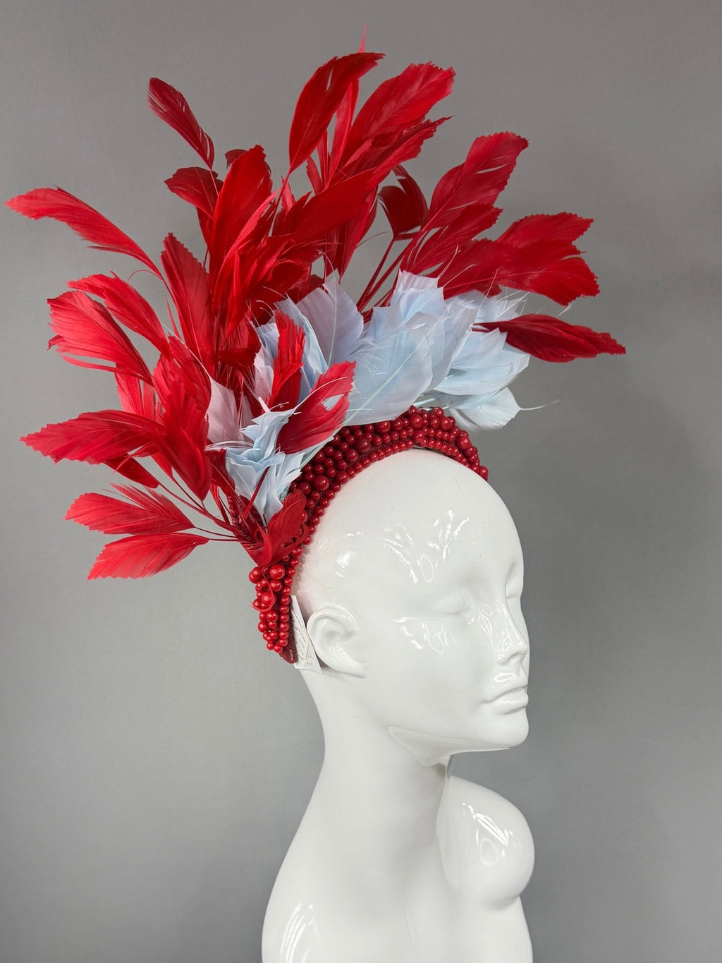 Kentucky Derby Fascinator Hat | Red and light blue feathered Headpiece | Derbyologie