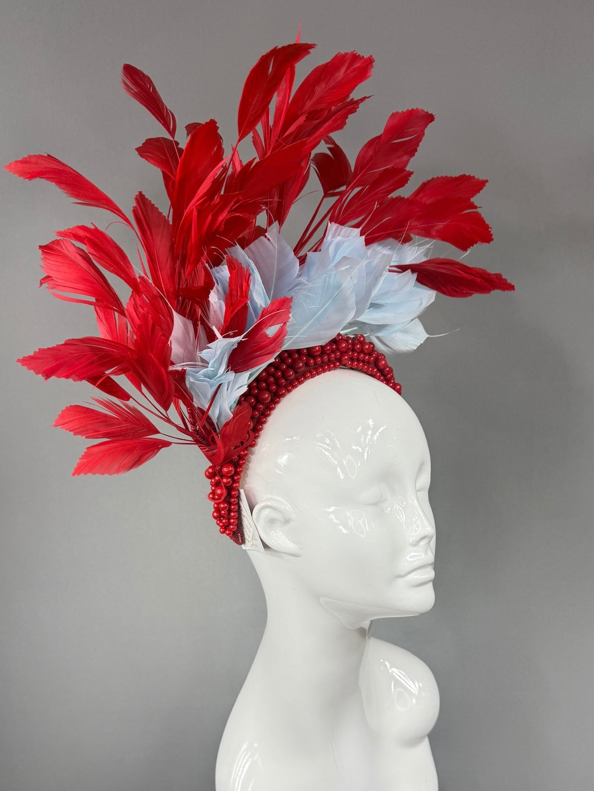 Kentucky Derby Fascinator Hat | Red and light blue feathered Headpiece | Derbyologie