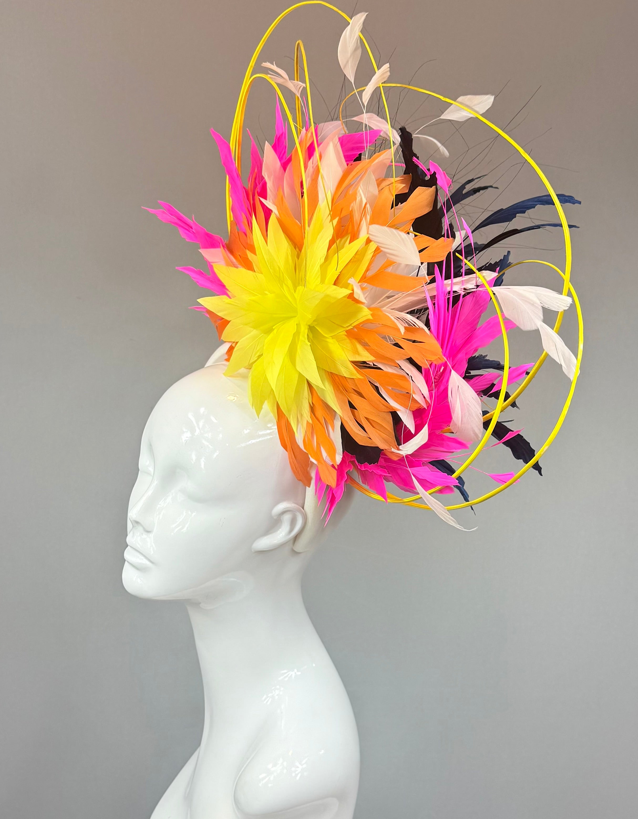 Kentucky Derby Fascinator Hat | Neon Pink, Yellow, Orange Feather Hat | Derbyologie