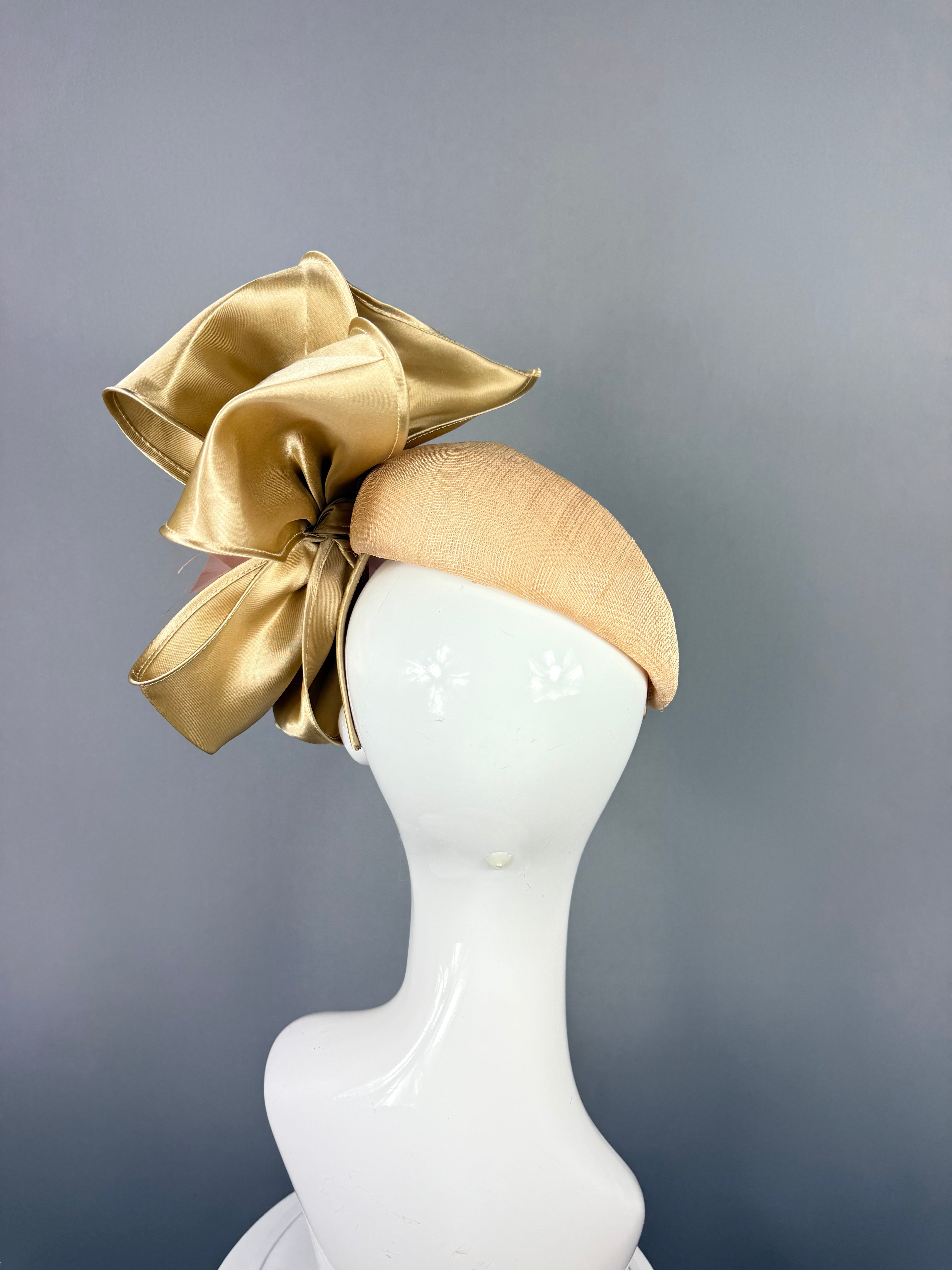 Kentucky Derby Fascinator Hat | Peachy Pink & Gold Bow Headpiece | Derbyologie