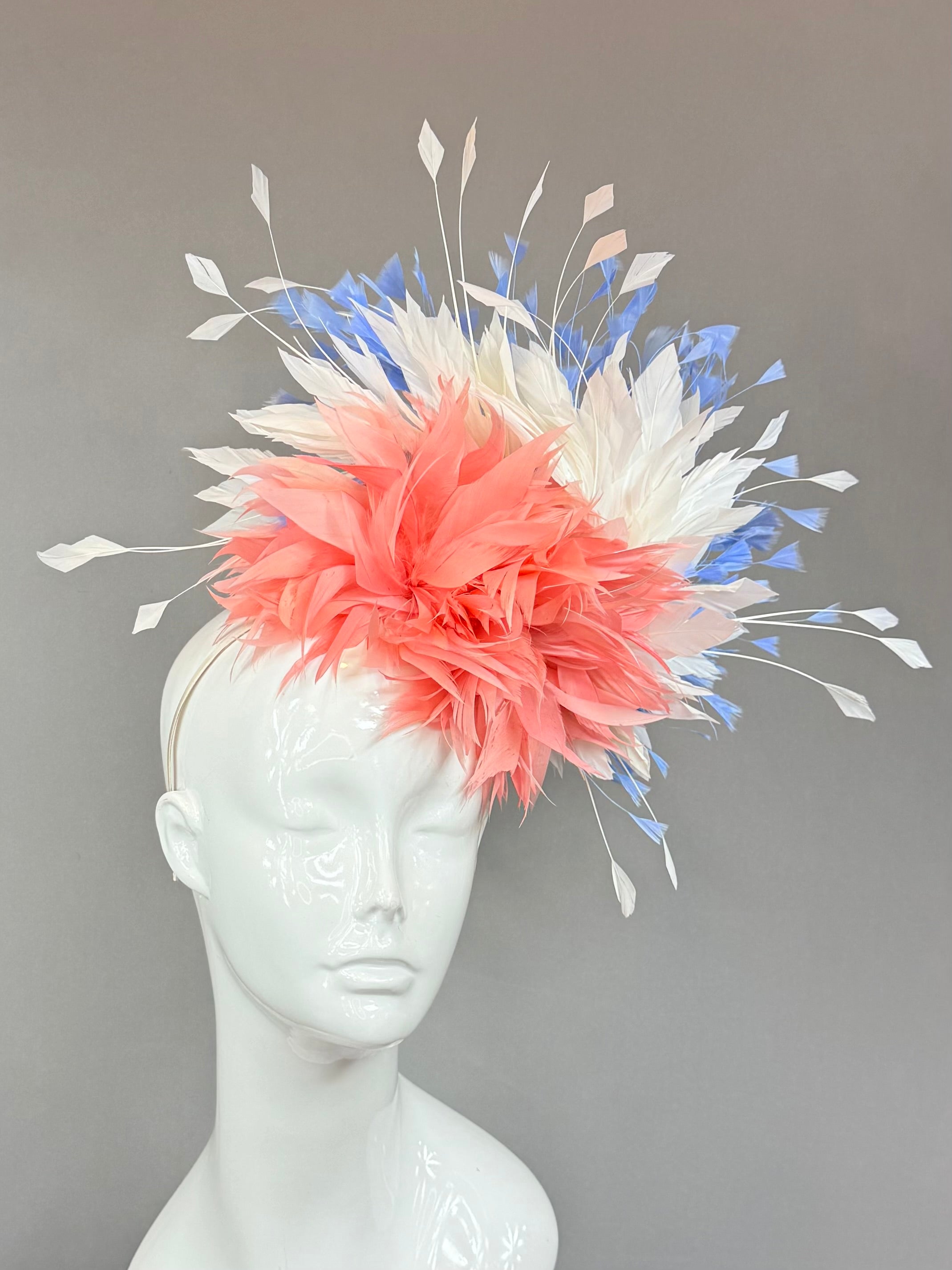 Kentucky Derby Fascinator Hat | Coral, white, and blue feathered Headband Hat | Derbyologie