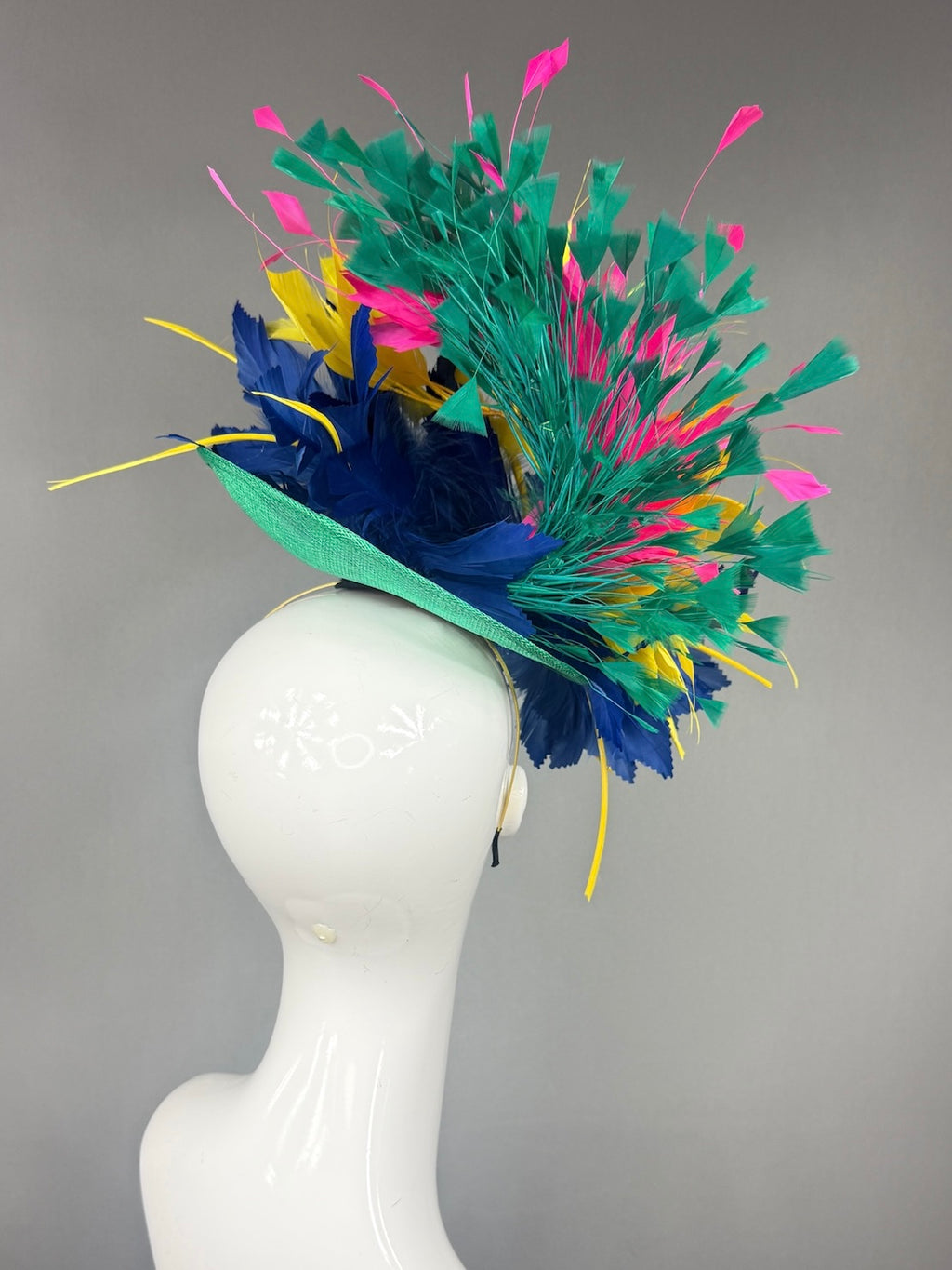 Kentucky Derby Fascinator Hat |  Navy, yellow, pink, and green feathered Headpiece | Derbyologie