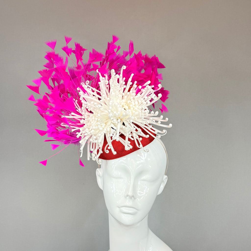 Kentucky Derby Fascinator Hat | Pink, Red & white Feather Headpiece | Derbyologie