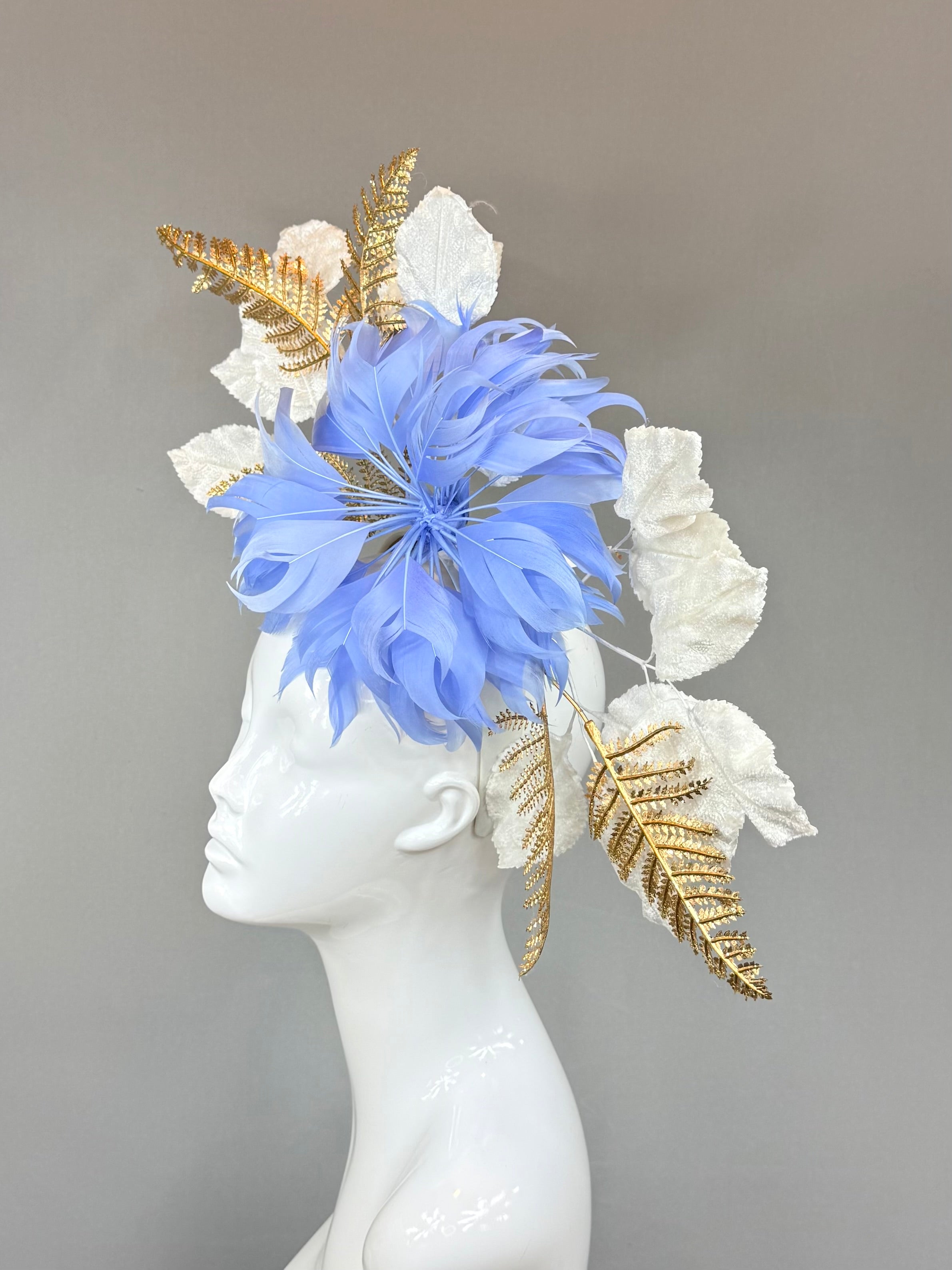 Kentucky Derby Fascinator Hat | Blue and Gold Feather Flower Headpiece | Derbyologie