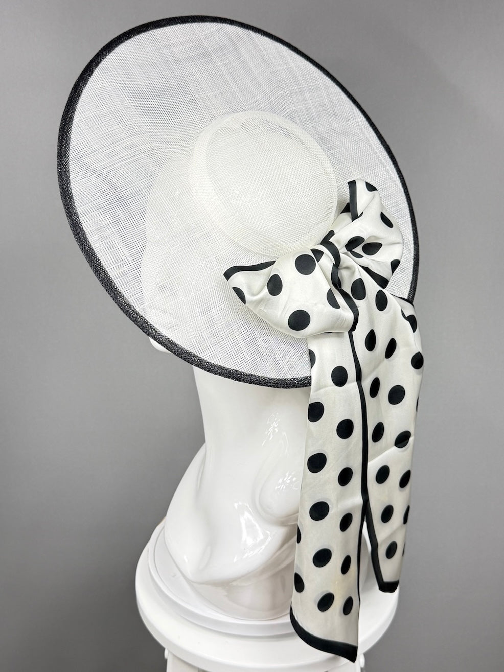 Kentucky Derby Fascinator Hat | White mat with black polka dot bow Headpiece | Derbyologie