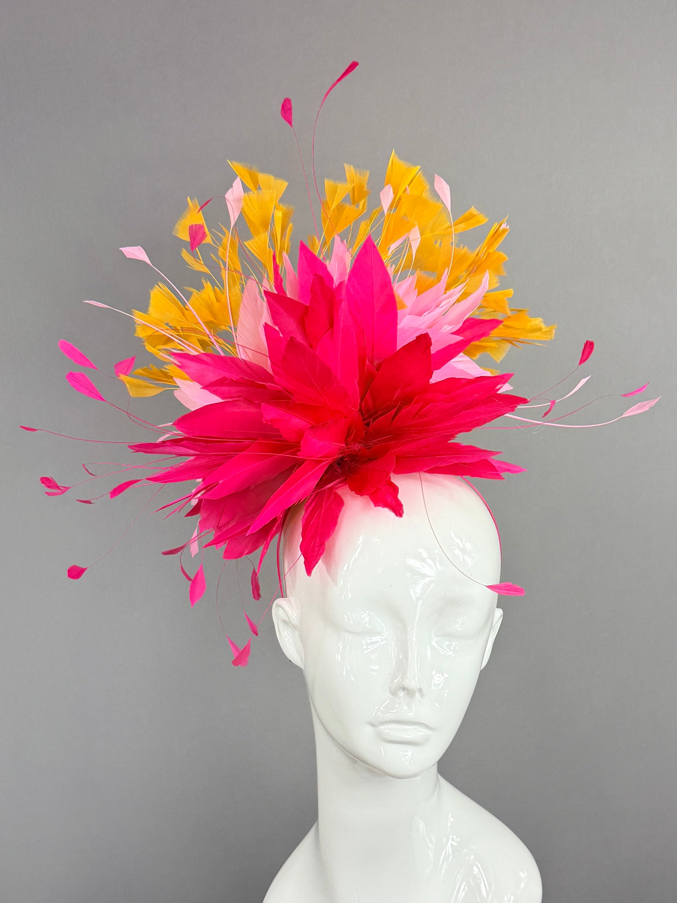 Kentucky Derby Fascinator Hat | fuchsia, pink, and yellow feathered Headpiece | Derbyologie