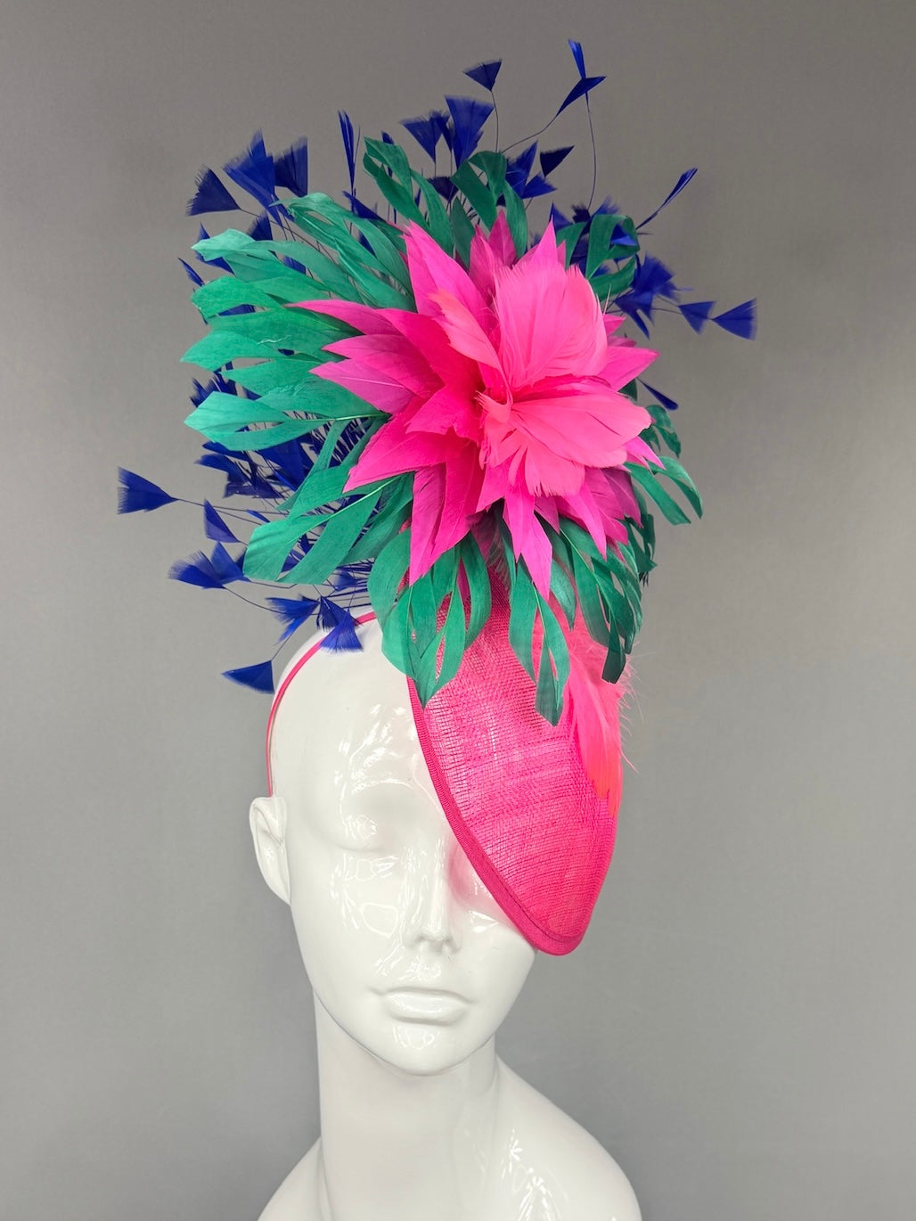 Kentucky Derby Fascinator Hat |  Pink and green feathered dahlia with blue feathers Headpiece | Derbyologie
