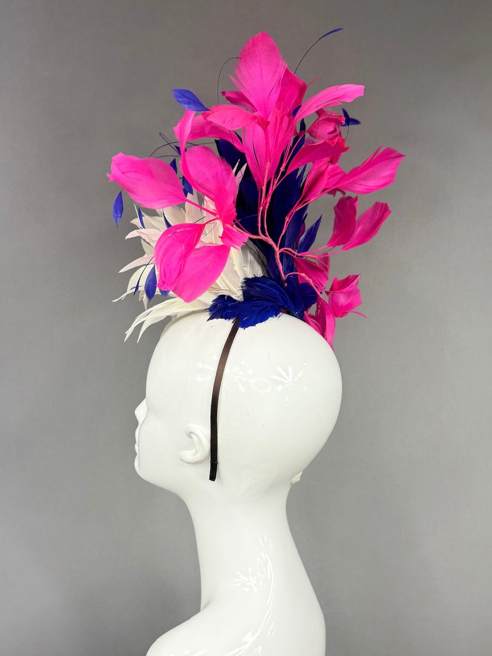 Kentucky Derby Fascinator Hat |  White, navy, and pink feathered  Headpiece | Derbyologie