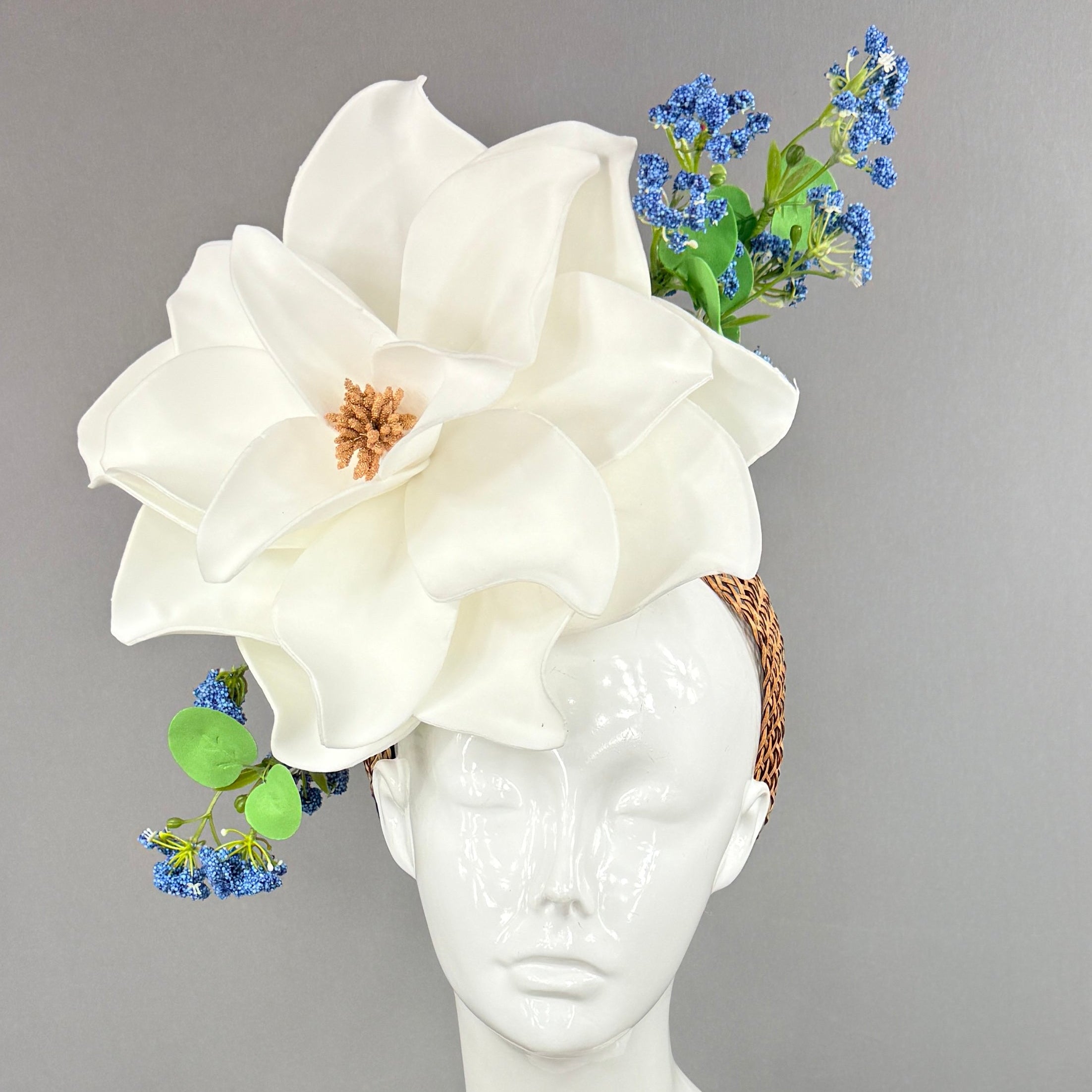 Kentucky Derby Fascinator Hat | White magnolia with blue and green flowers Headpiece | Derbyologie