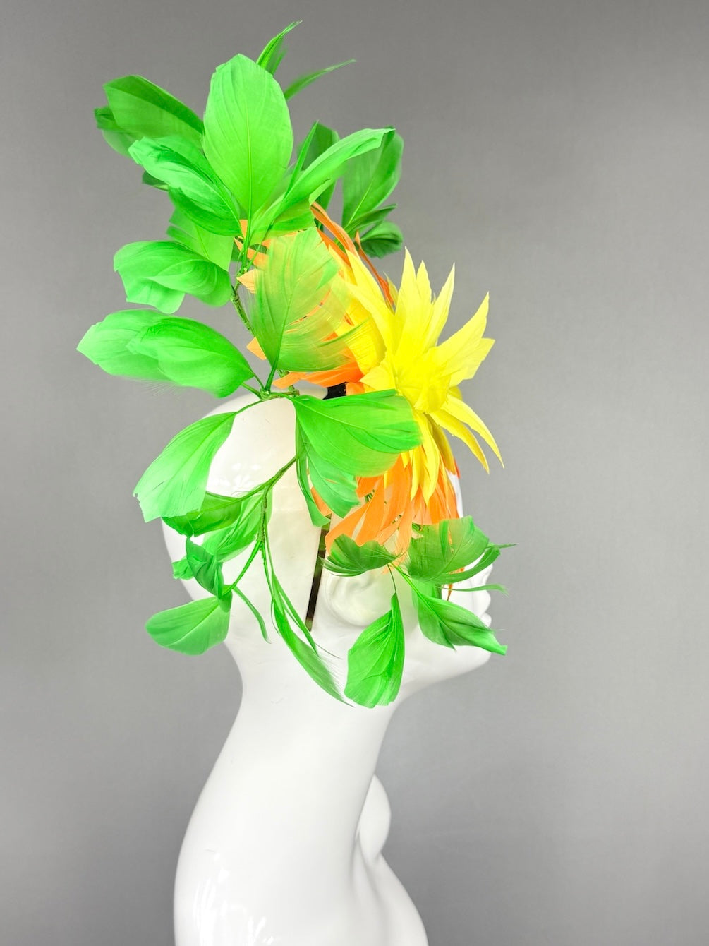 Kentucky Derby Fascinator Hat |  Yellow and Orange feathered dahlia and green feathers Headpiece | Derbyologie