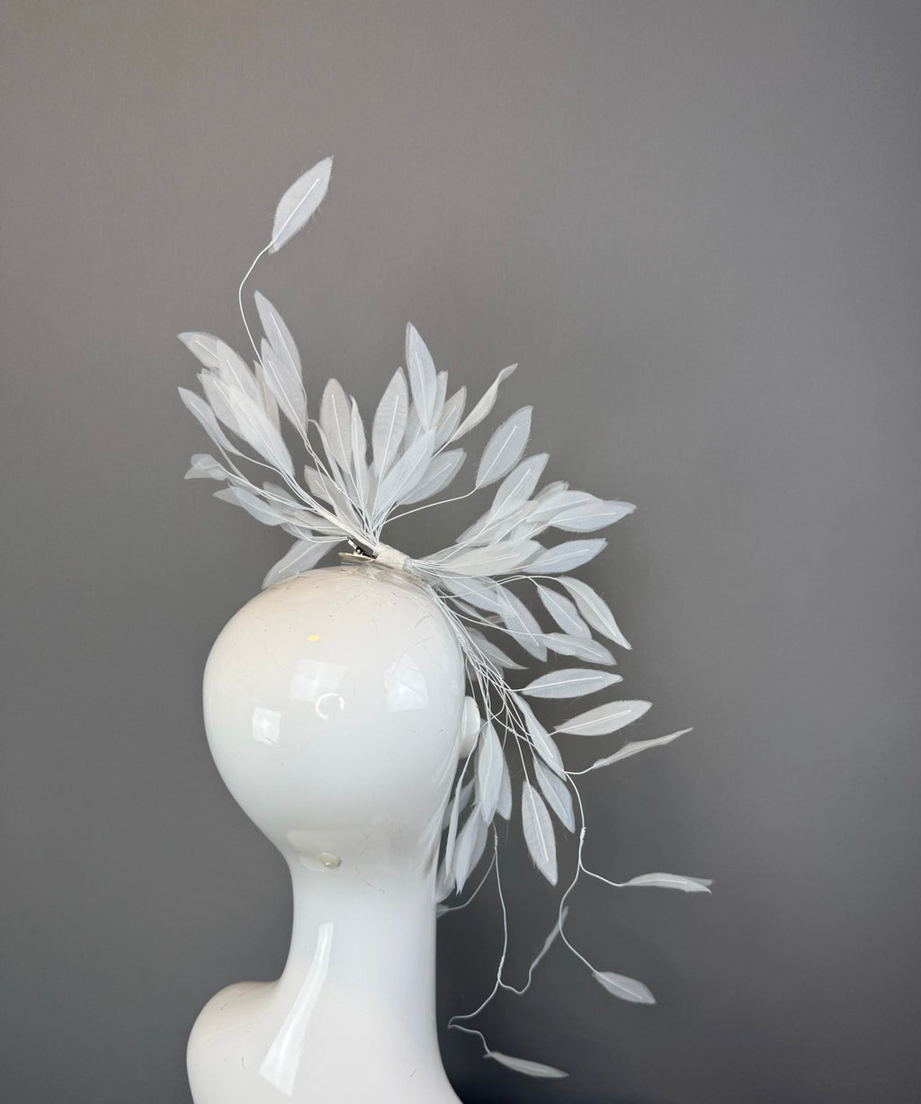 Kentucky Derby Feather Fascinator Hat for Women with white wiry feathers