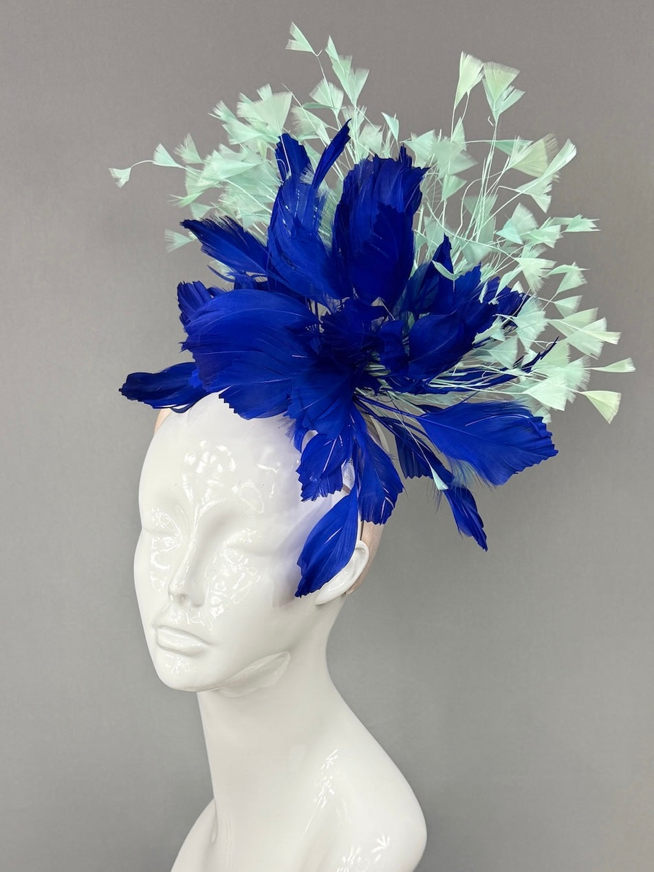 Kentucky Derby Fascinator Hat | Navy and mint green feathered Headpiece | Derbyologie