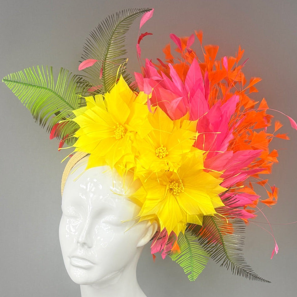 Kentucky Derby Fascinator Hat | Yellow dahlias, pink and orange feathers Headpiece | Derbyologie