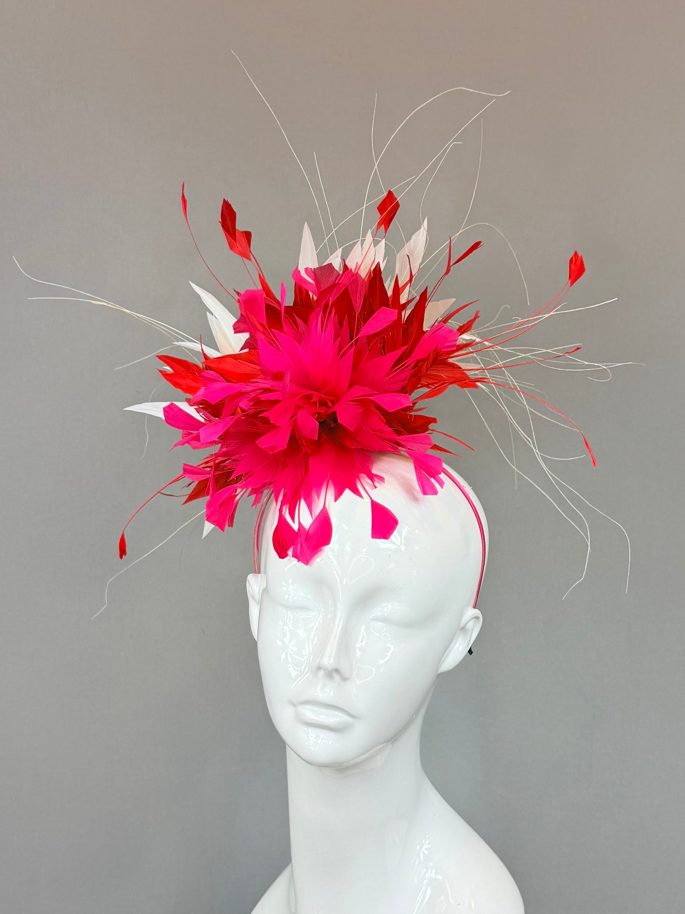 Kentucky Derby Fascinator Hat | fuchsia, red, and white feathered Headband Hat | Derbyologie