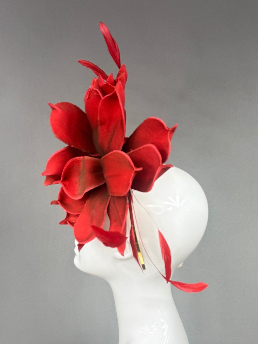 Kentucky Derby Fascinator Hat |  Red magnolias and feathers  Headpiece | Derbyologie