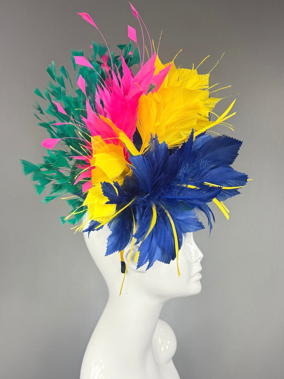 Kentucky Derby Fascinator Hat |  Navy, yellow, pink, and green feathered Headpiece | Derbyologie