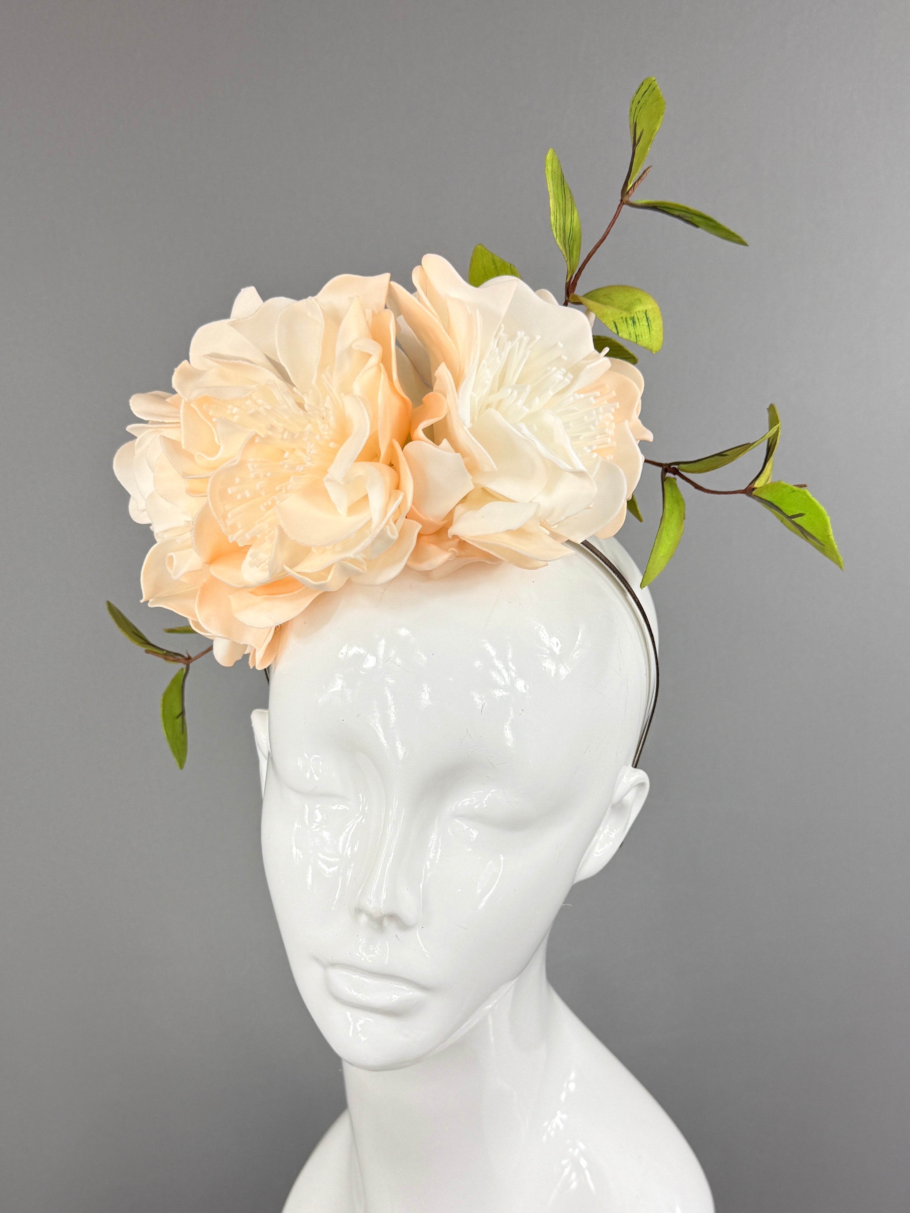 Kentucky Derby Fascinator Hat | Cream flowers and green leaves Headpiece | Derbyologie