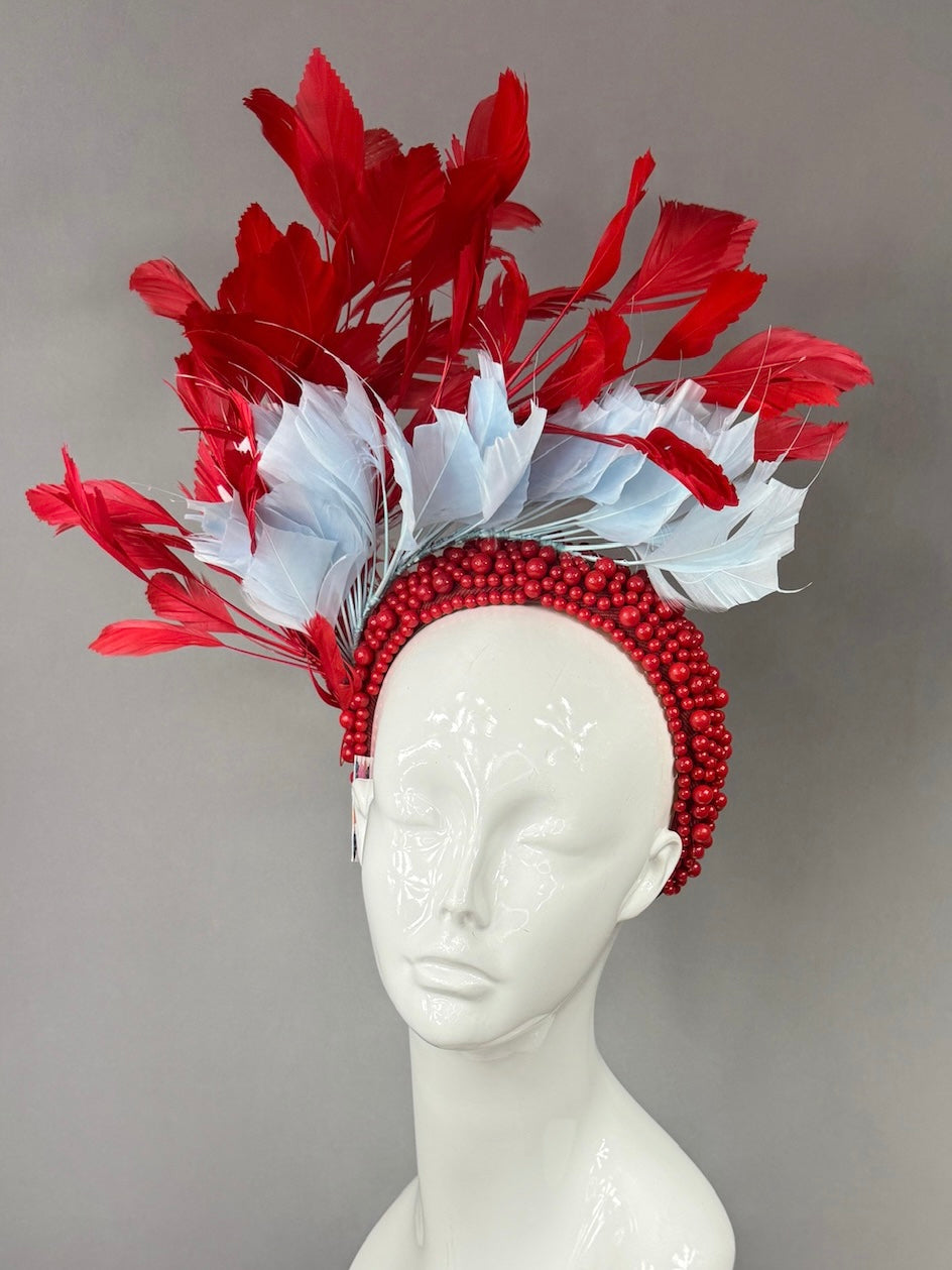 Kentucky Derby Fascinator Hat | Red and light blue feathered Headpiece | Derbyologie