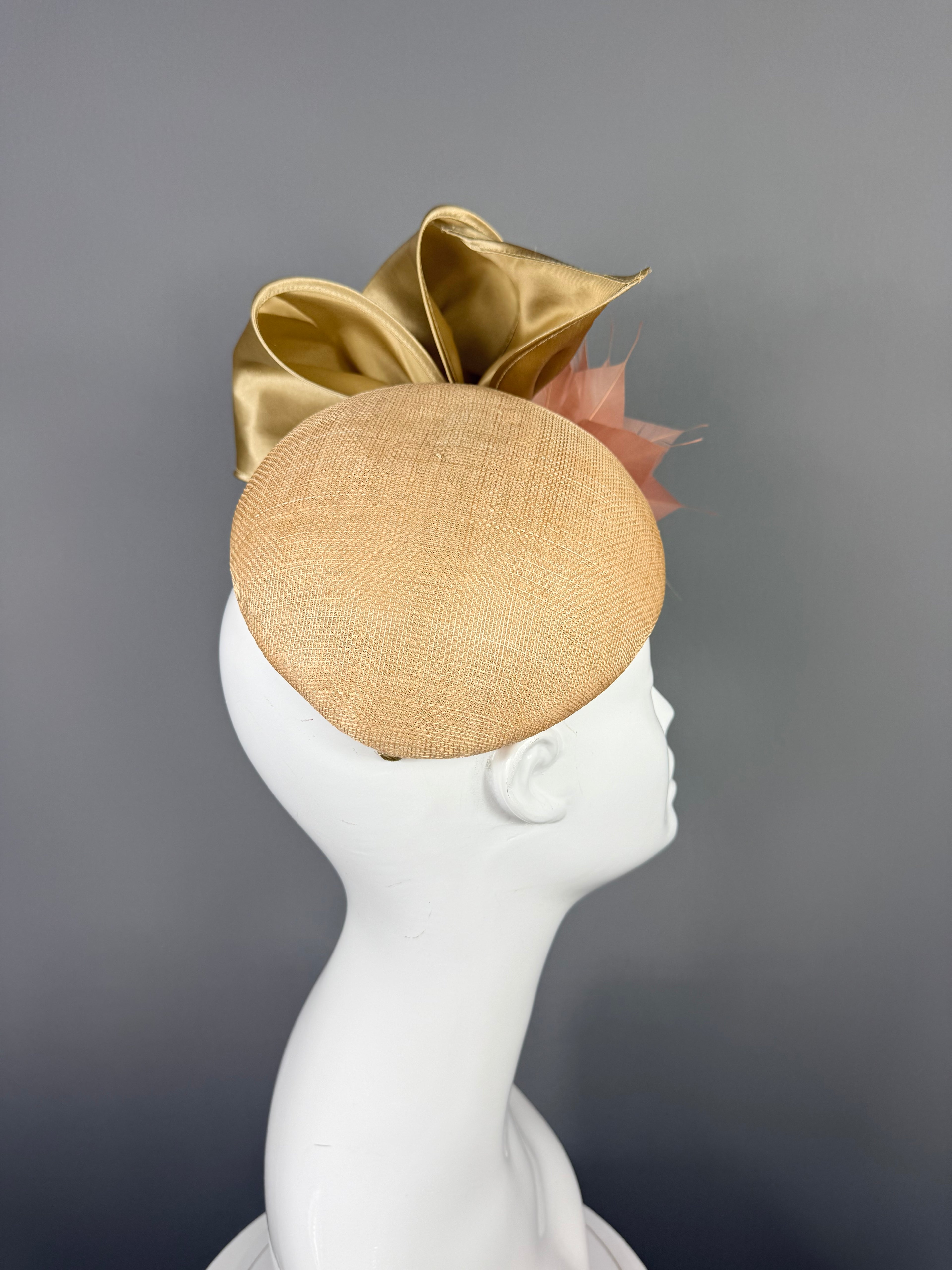 Kentucky Derby Fascinator Hat | Peachy Pink & Gold Bow Headpiece | Derbyologie