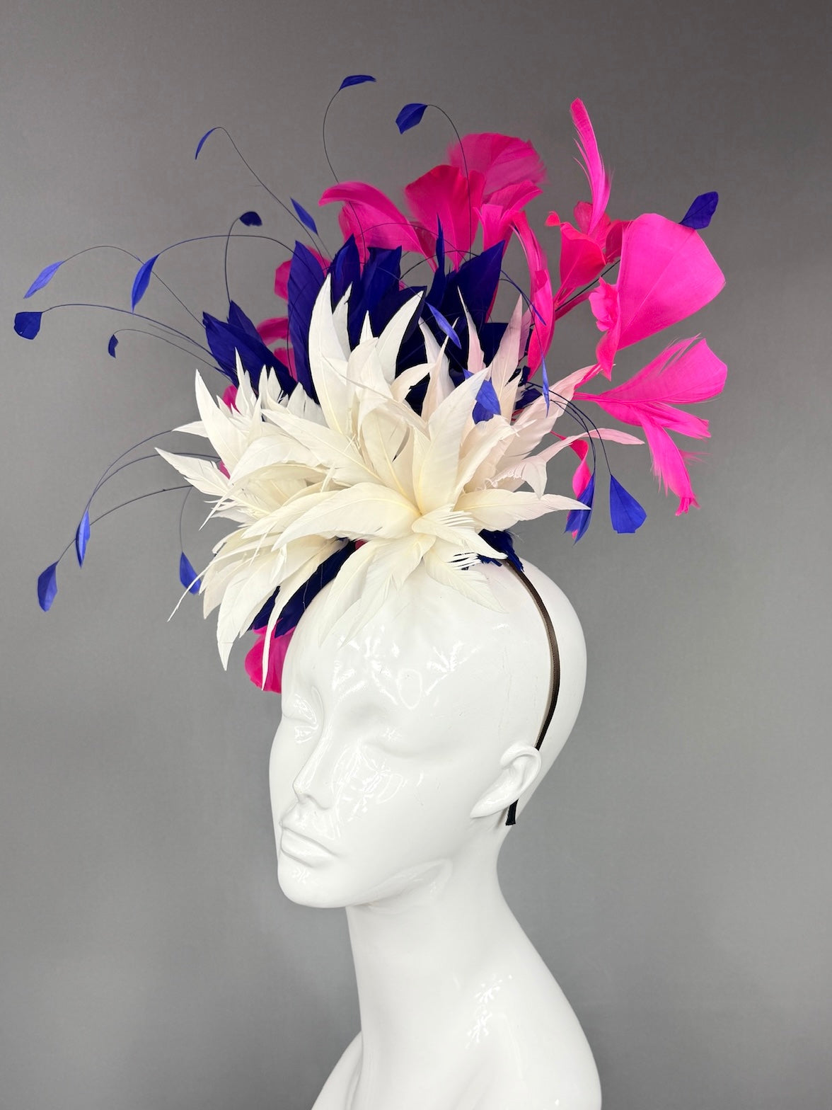 Kentucky Derby Fascinator Hat |  White, navy, and pink feathered  Headpiece | Derbyologie