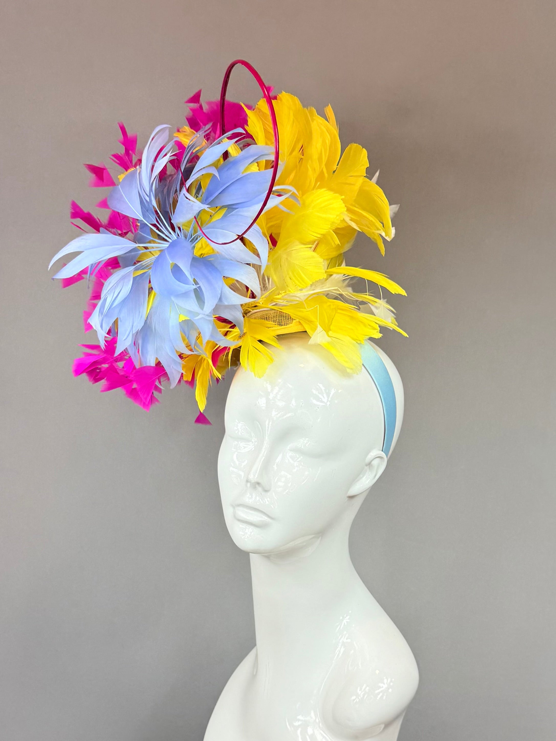 Kentucky Derby Fascinator Hat | Pink, Blue, Yellow Feather Headpiece| Derbyologie
