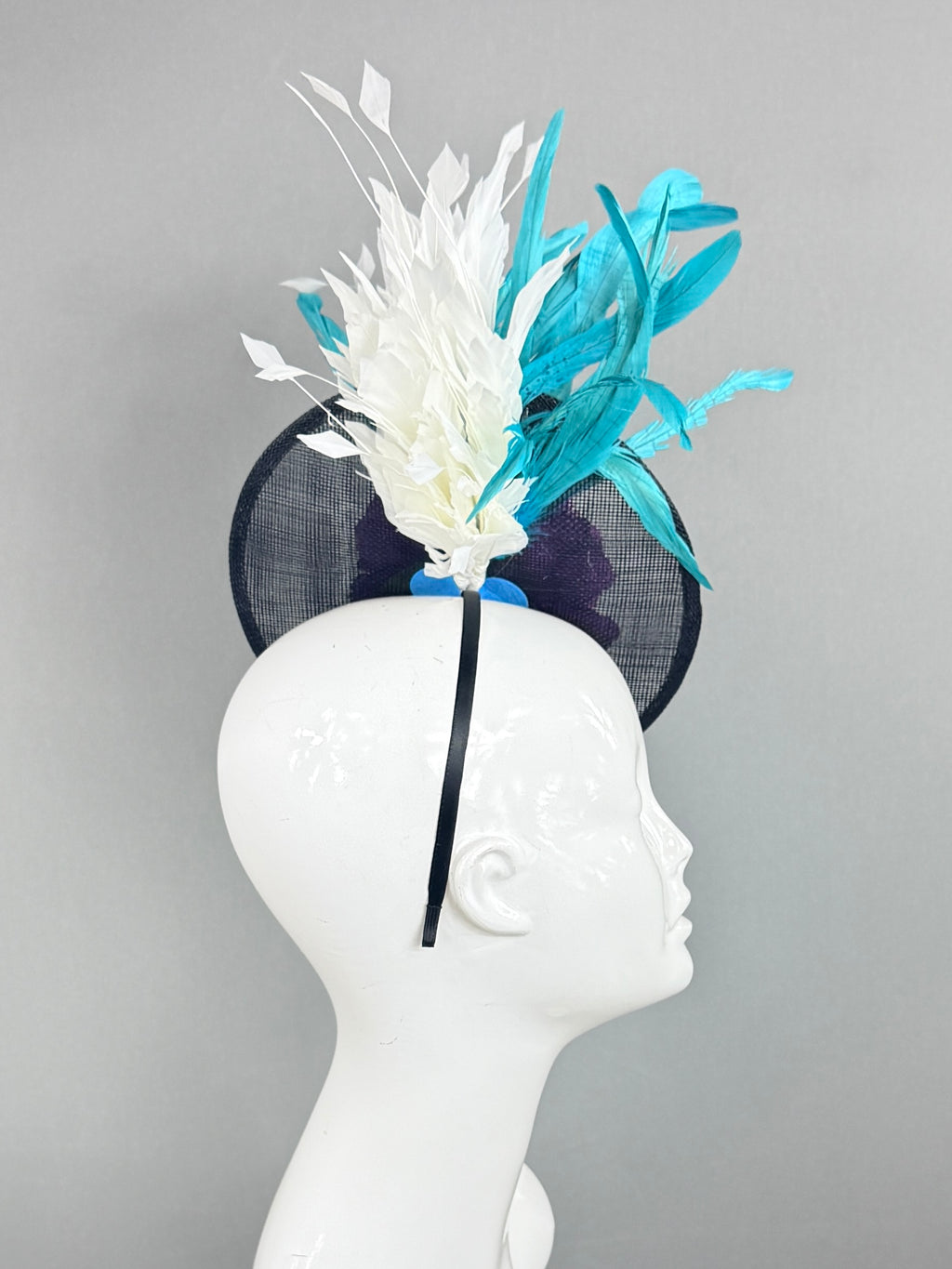 Kentucky Derby Fascinator Hat | Purple, white, teal, and black Headpiece | Derbyologie