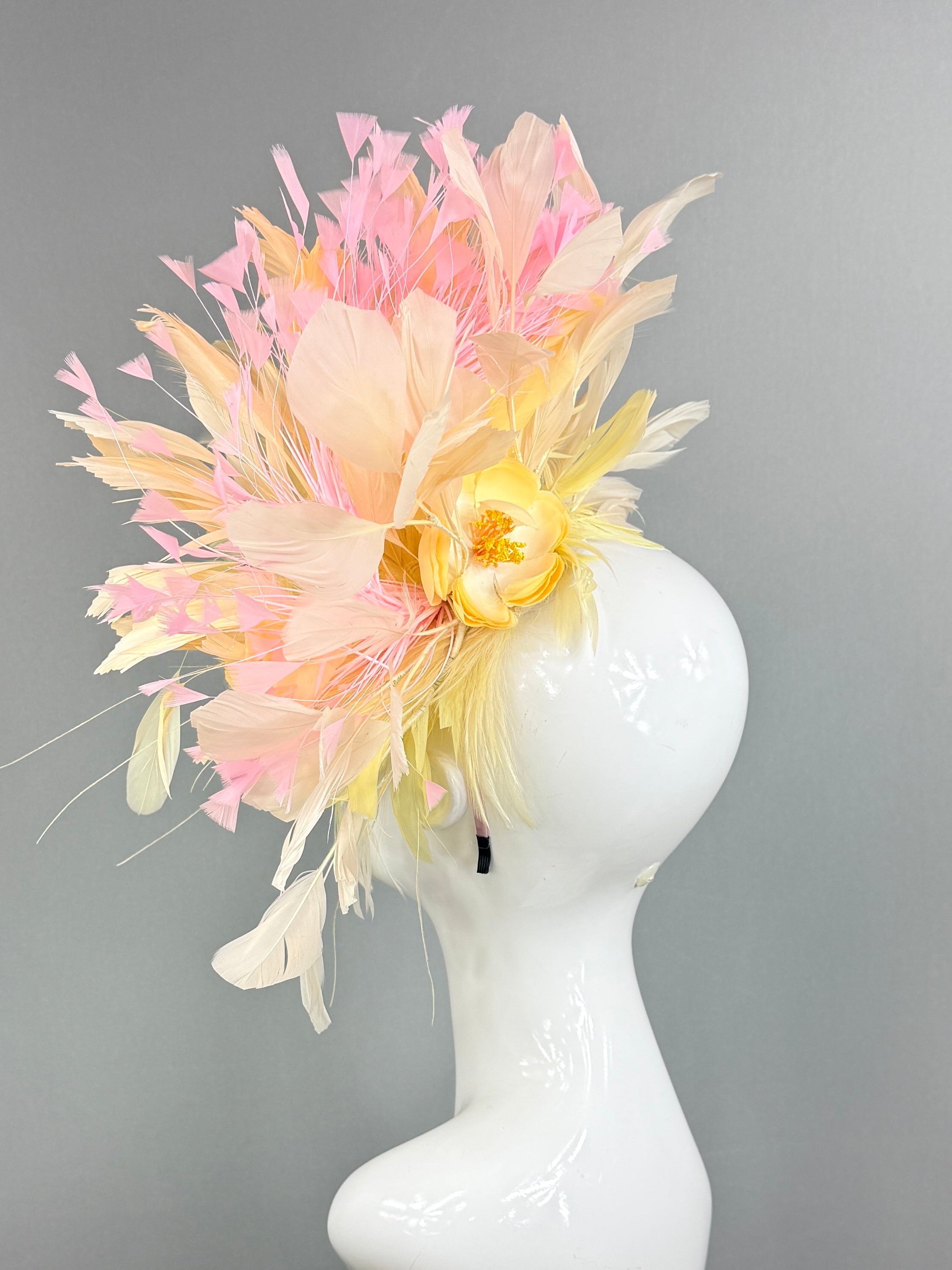 Kentucky Derby Fascinator Hat | Yellow, pink, and beige feathered Headpiece | Derbyologie