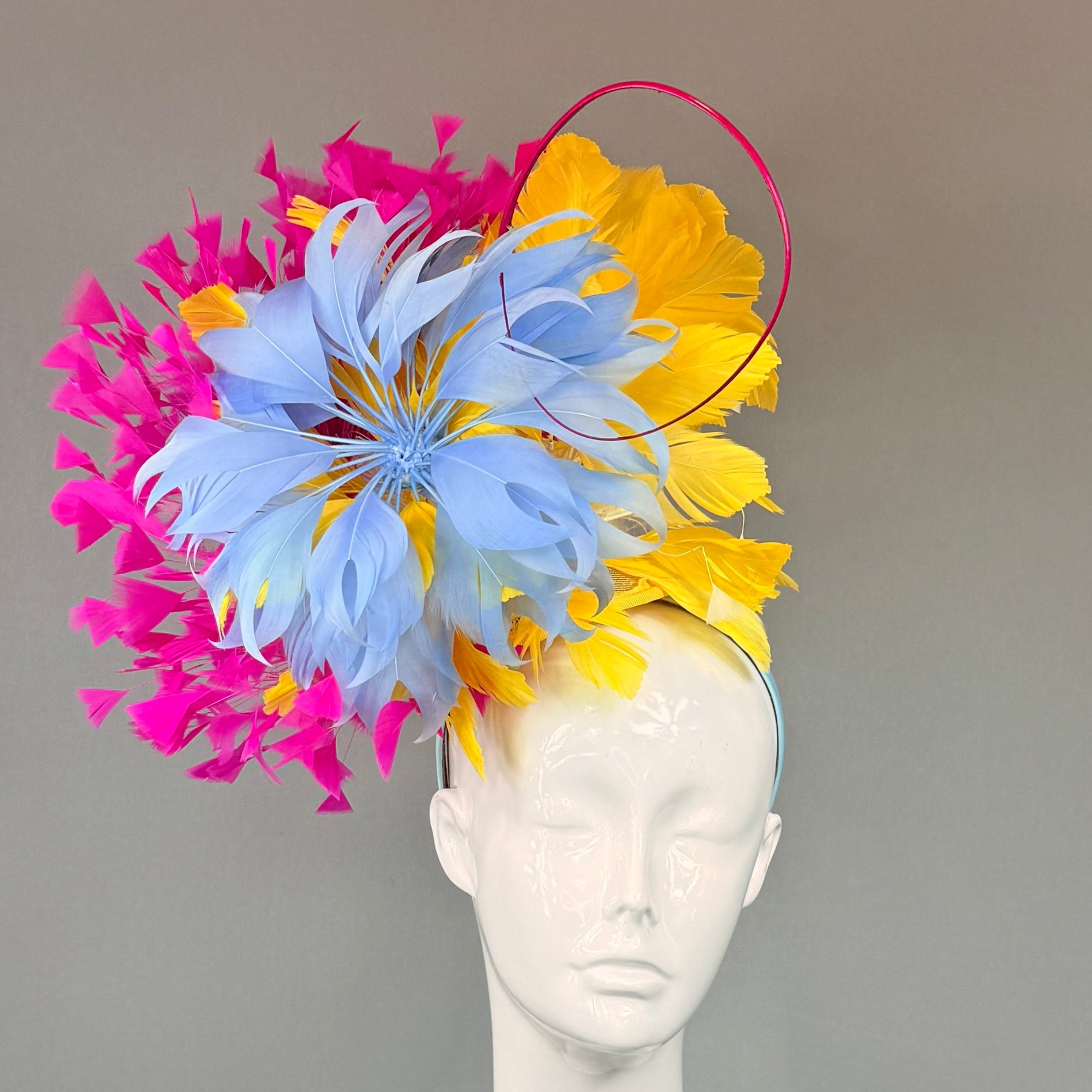 Kentucky Derby Fascinator Hat | Pink, Blue, Yellow Feather Headpiece| Derbyologie
