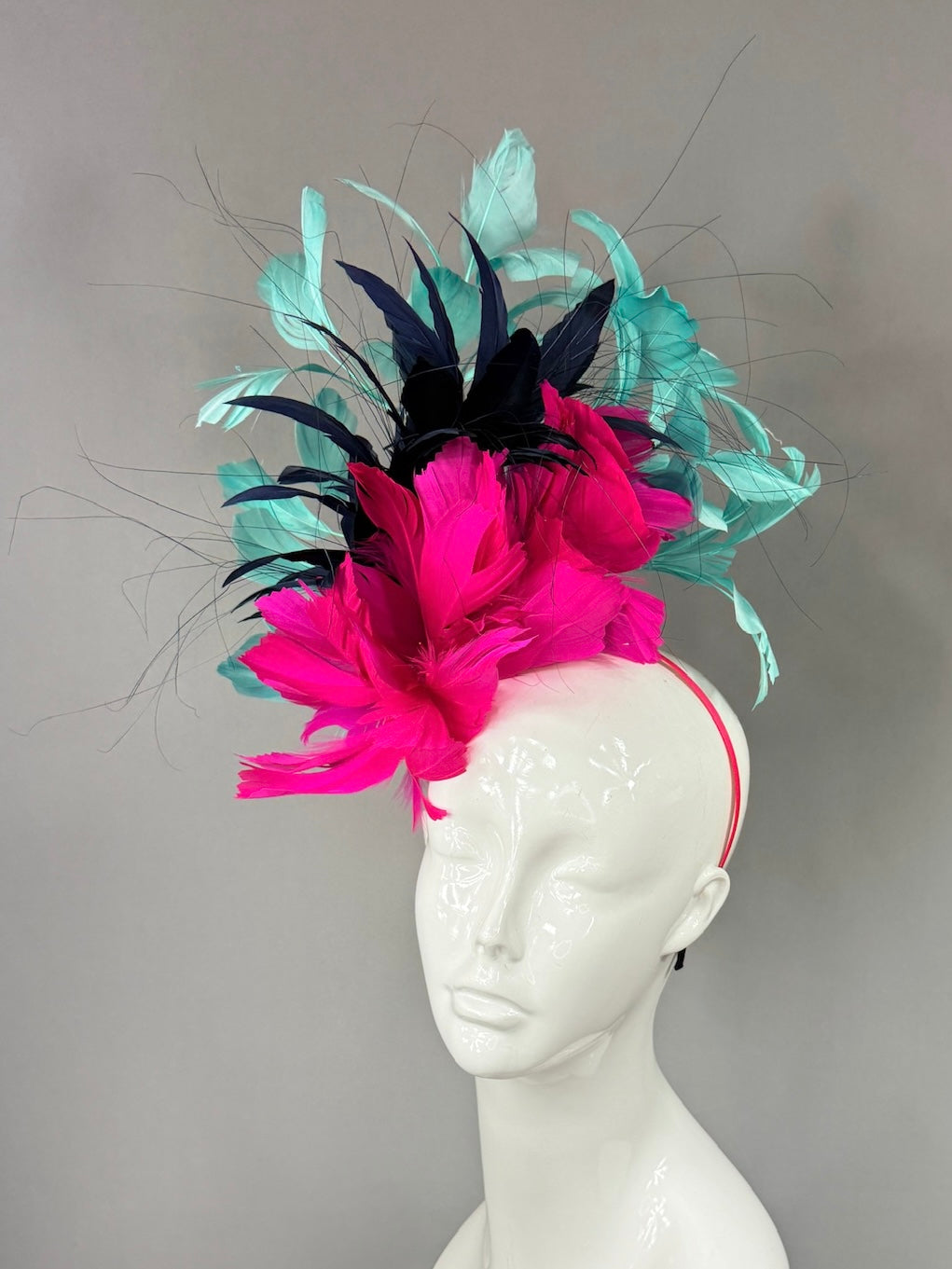 Kentucky Derby Fascinator Hat | Pink, navy, and teal feathered Headpiece | Derbyologie