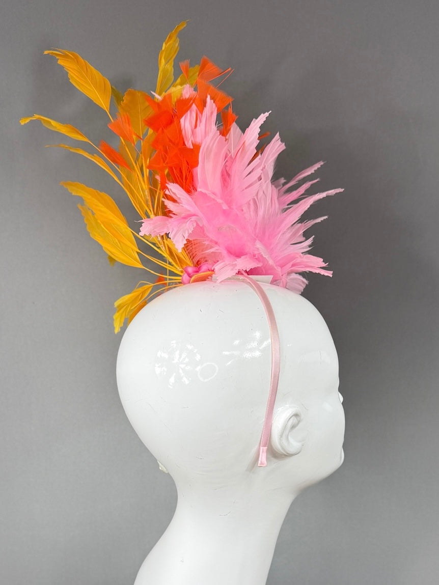 Kentucky Derby Fascinator Hat | Pink, Orange, and Yellow feathered Headpiece | Derbyologie