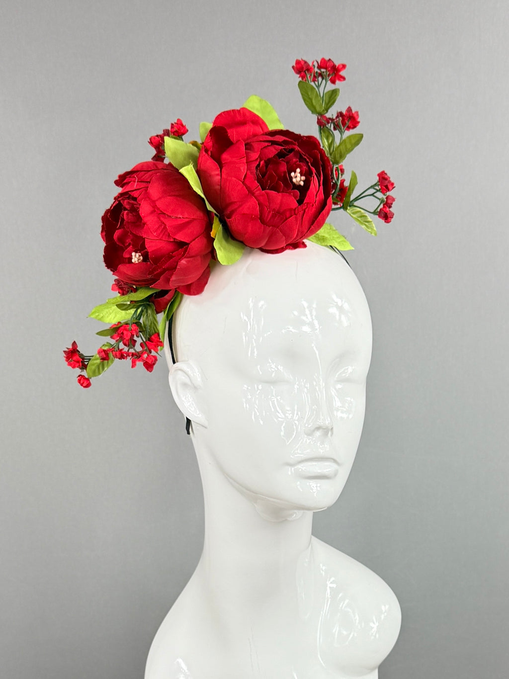 Kentucky Derby Fascinator Hat | Red peonies with green leaves  Headpiece | Derbyologie
