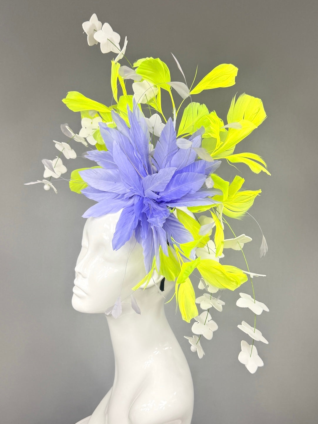 Kentucky Derby Fascinator Hat |  Purple and lime green feathers and white flowers Headpiece | Derbyologie