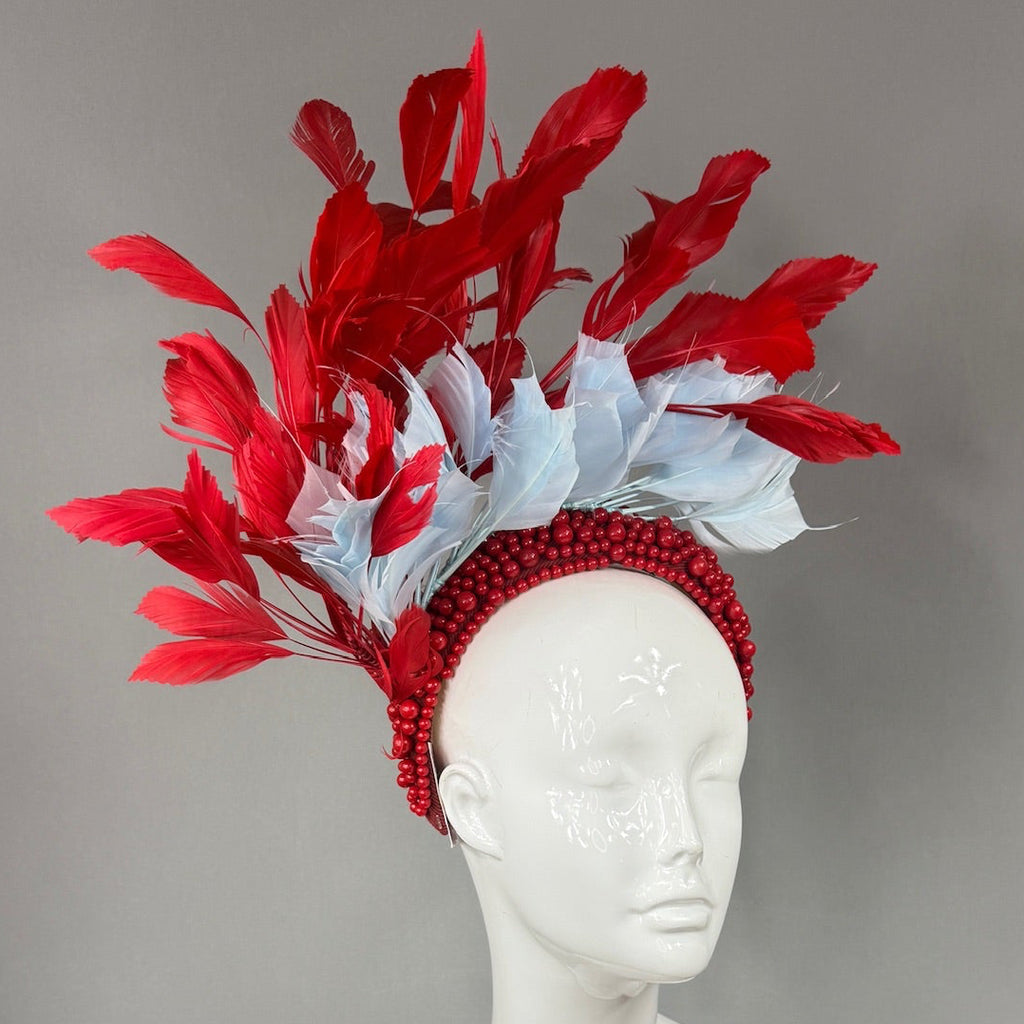 Kentucky Derby Fascinator Hat | Red and light blue feathered Headpiece | Derbyologie